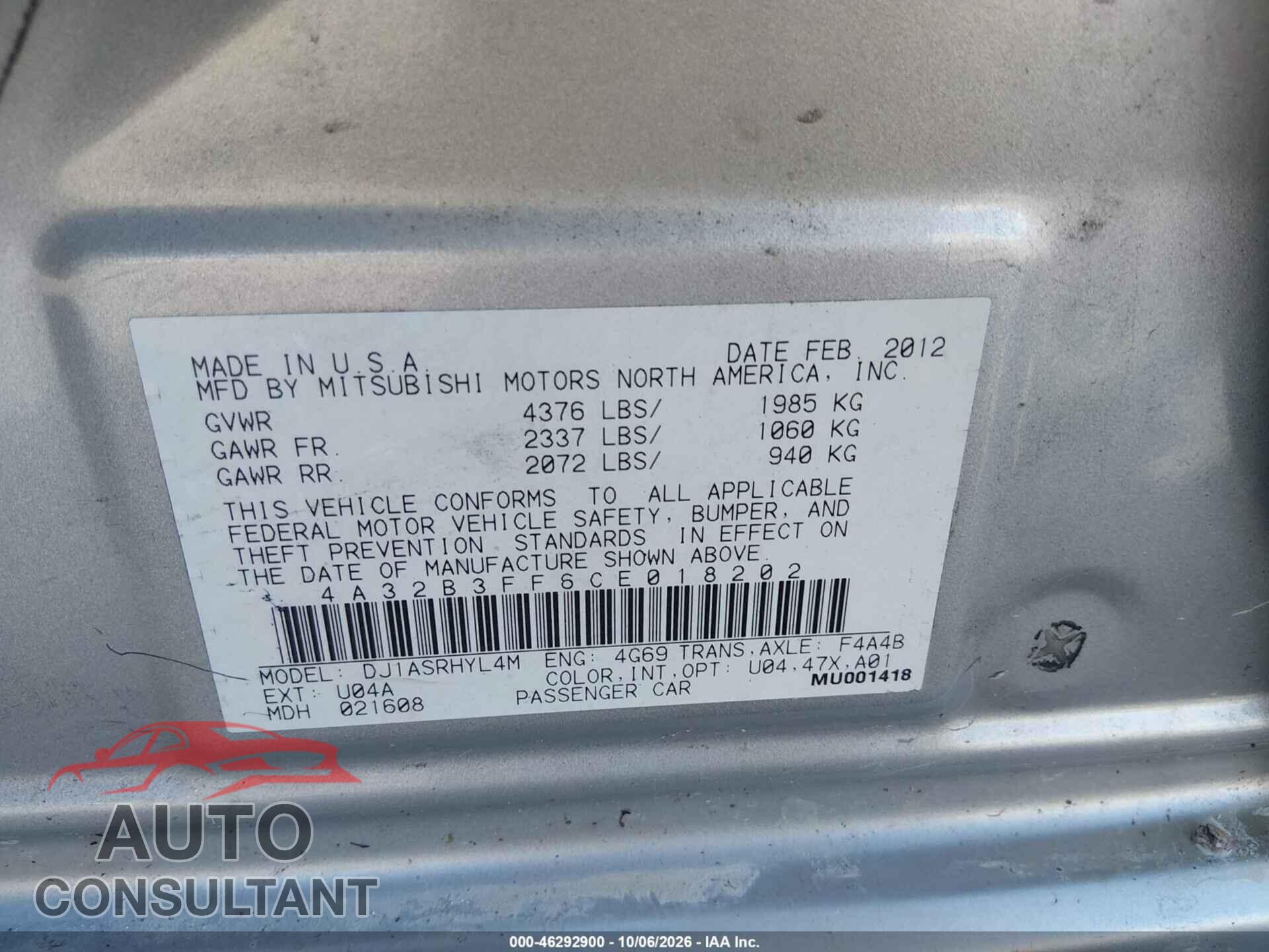 MITSUBISHI GALANT 2012 - 4A32B3FF6CE018202