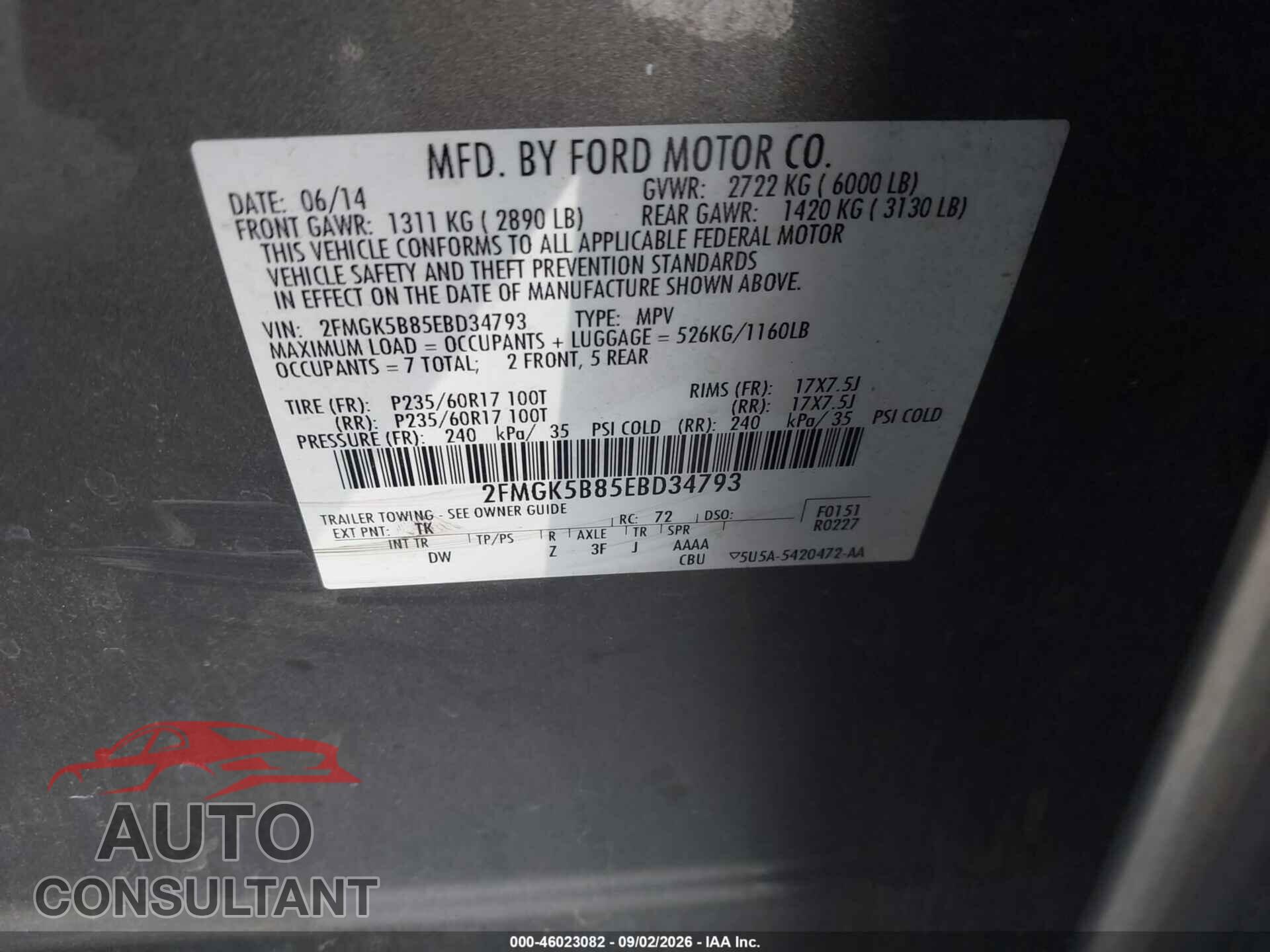 FORD FLEX 2014 - 2FMGK5B85EBD34793
