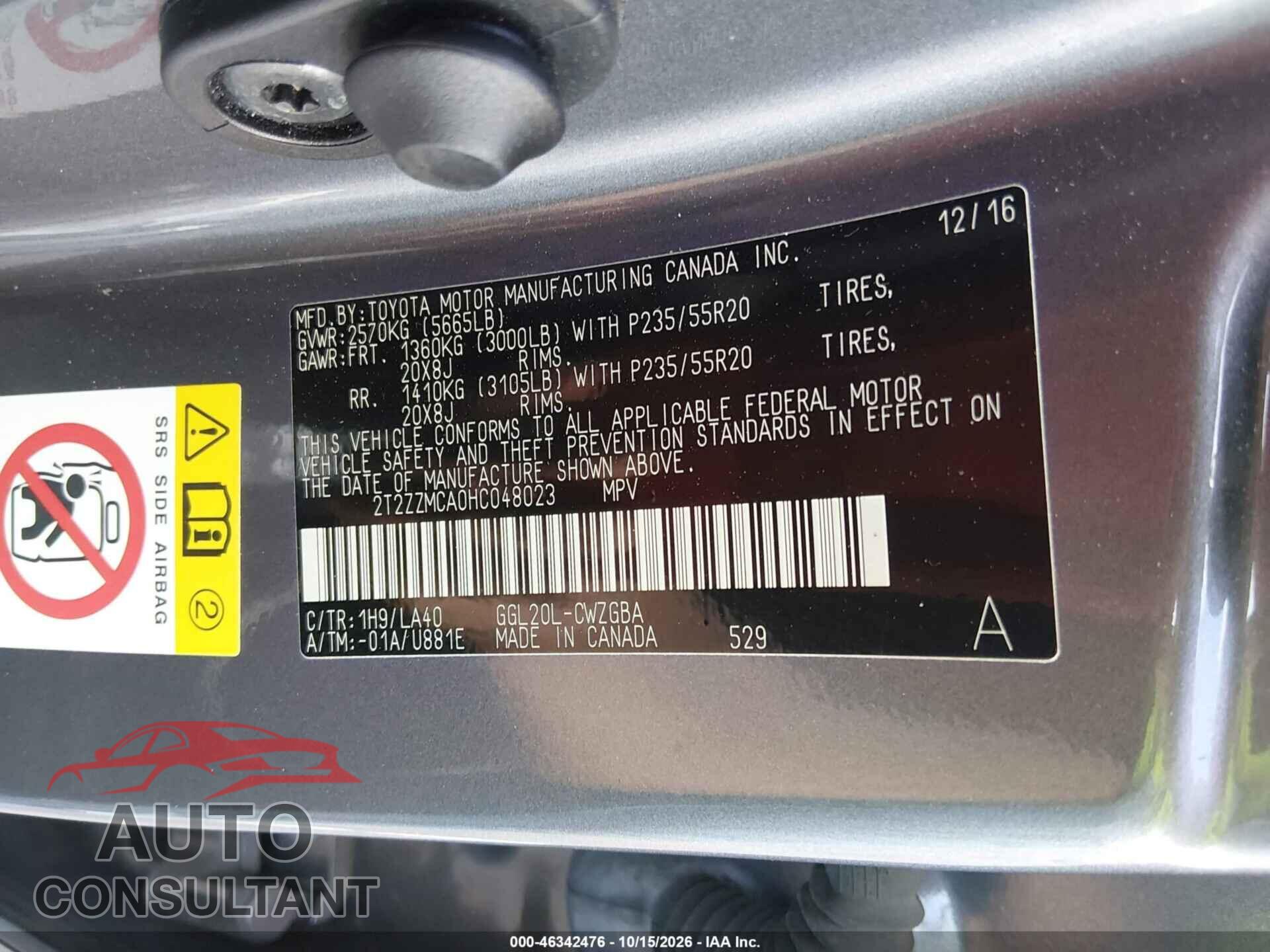 LEXUS RX 350 2017 - 2T2ZZMCA0HC048023