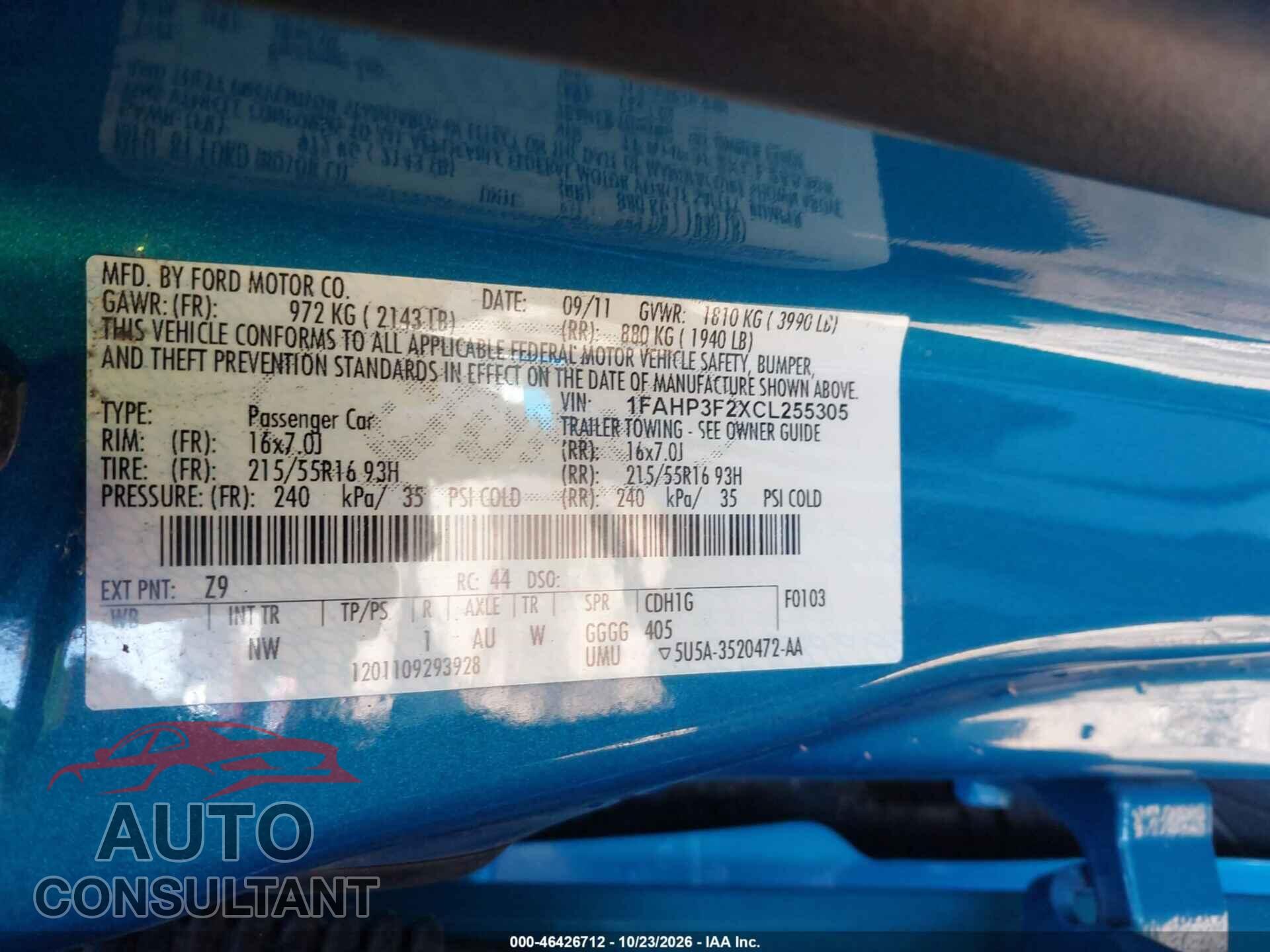 FORD FOCUS 2012 - 1FAHP3F2XCL255305