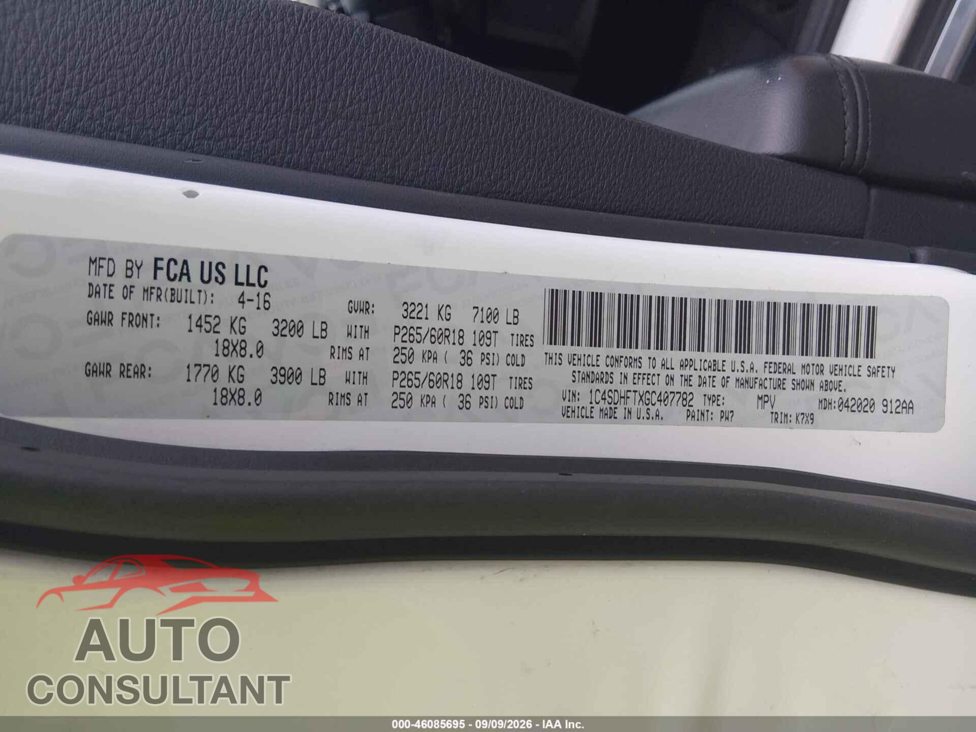DODGE DURANGO 2016 - 1C4SDHFTXGC407782