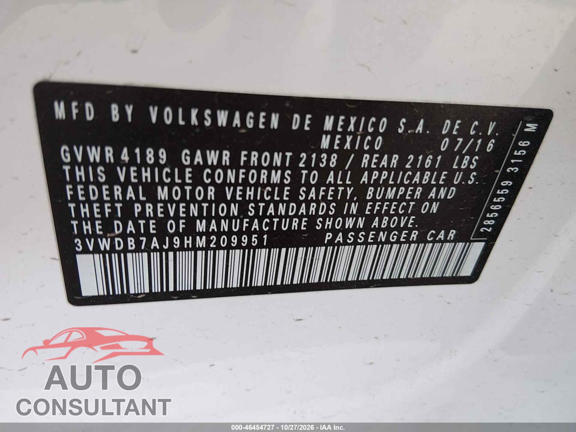 VOLKSWAGEN JETTA 2017 - 3VWDB7AJ9HM209951