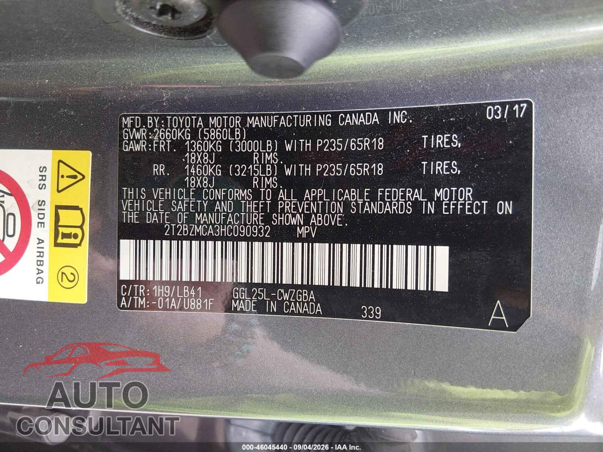 LEXUS RX 350 2017 - 2T2BZMCA3HC090932