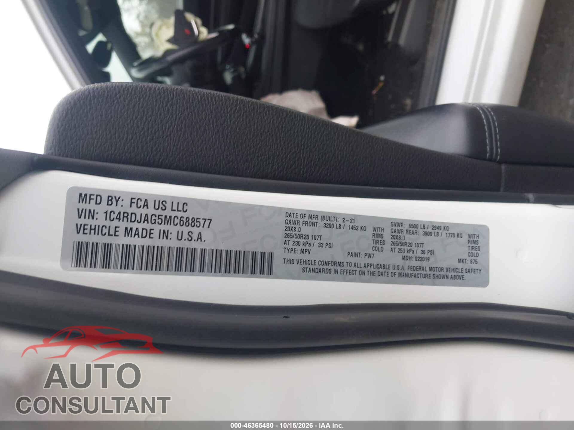 DODGE DURANGO 2021 - 1C4RDJAG5MC688577