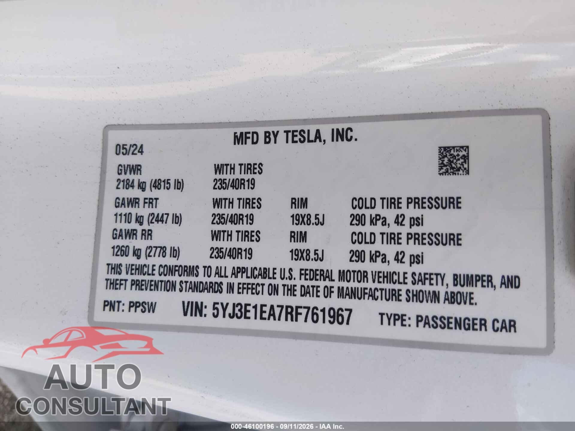 TESLA MODEL 3 2024 - 5YJ3E1EA7RF761967