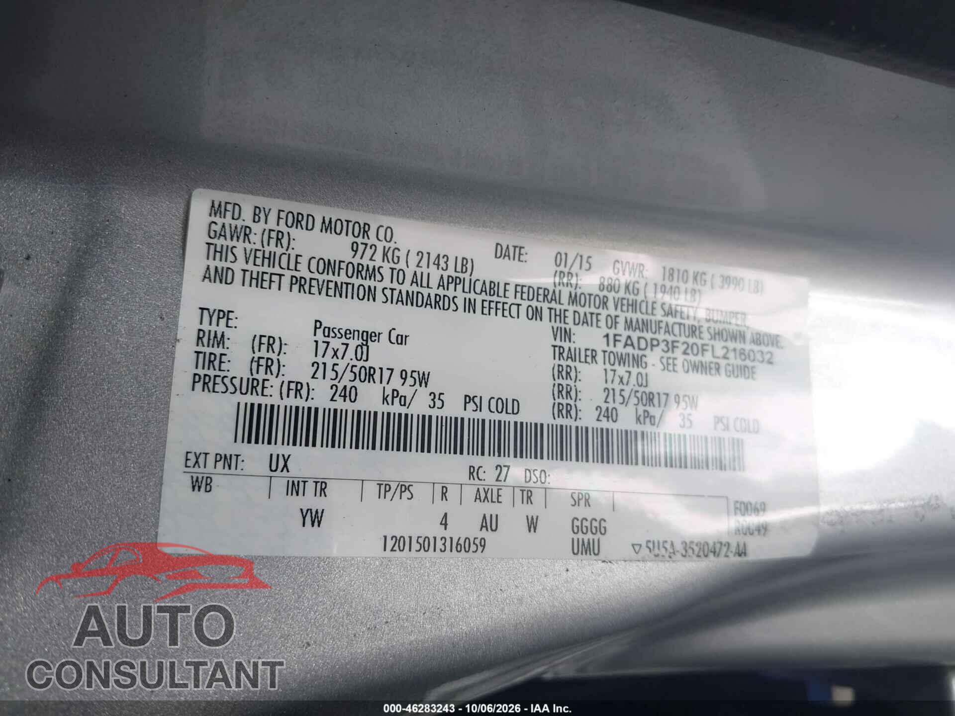 FORD FOCUS 2015 - 1FADP3F20FL216032