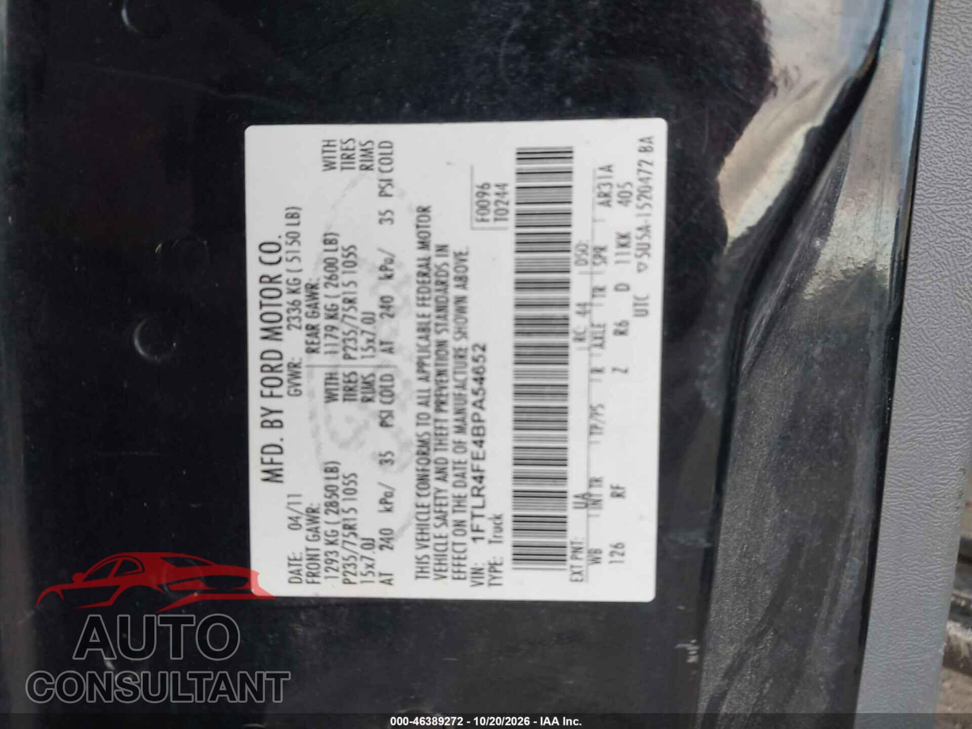 FORD RANGER 2011 - 1FTLR4FE4BPA54652