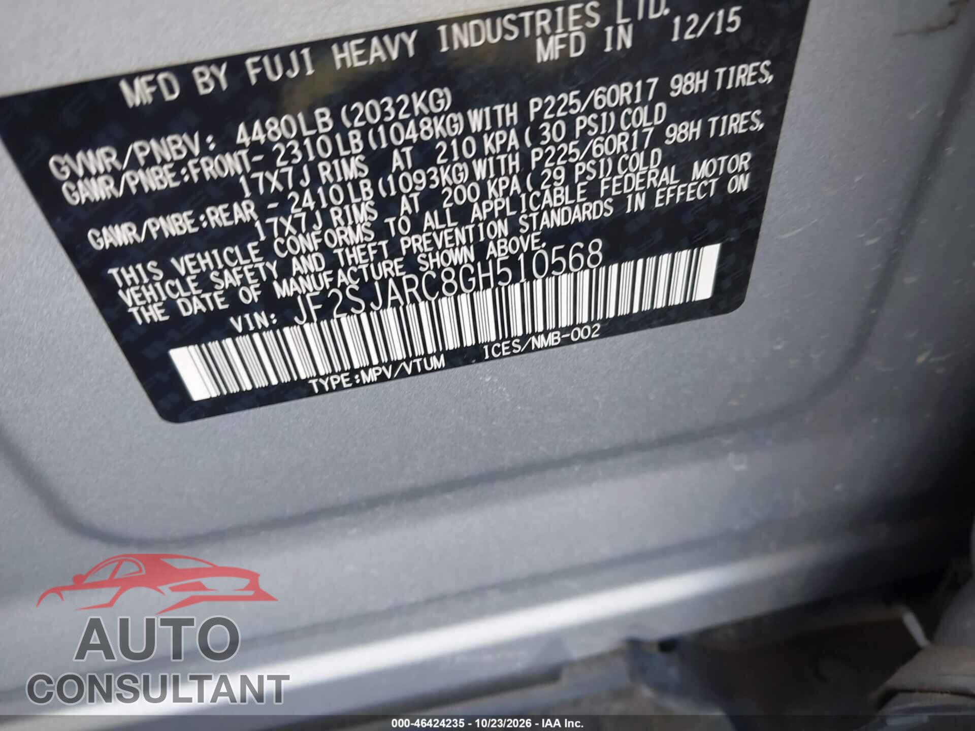 SUBARU FORESTER 2016 - JF2SJARC8GH510568