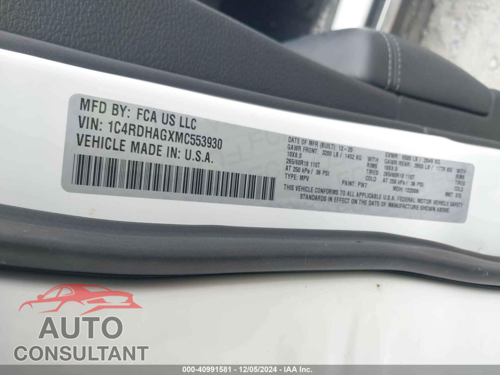 DODGE DURANGO 2021 - 1C4RDHAGXMC553930