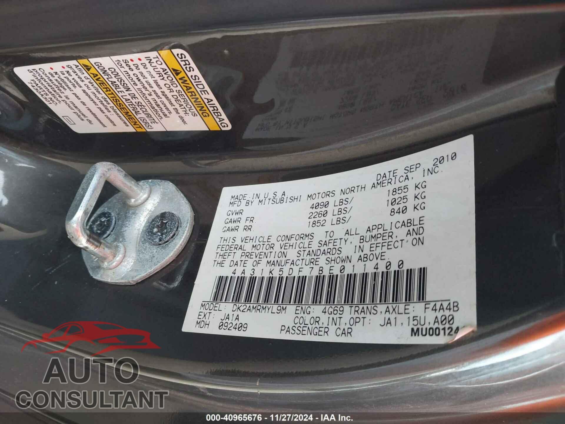 MITSUBISHI ECLIPSE 2011 - 4A31K5DF7BE011400