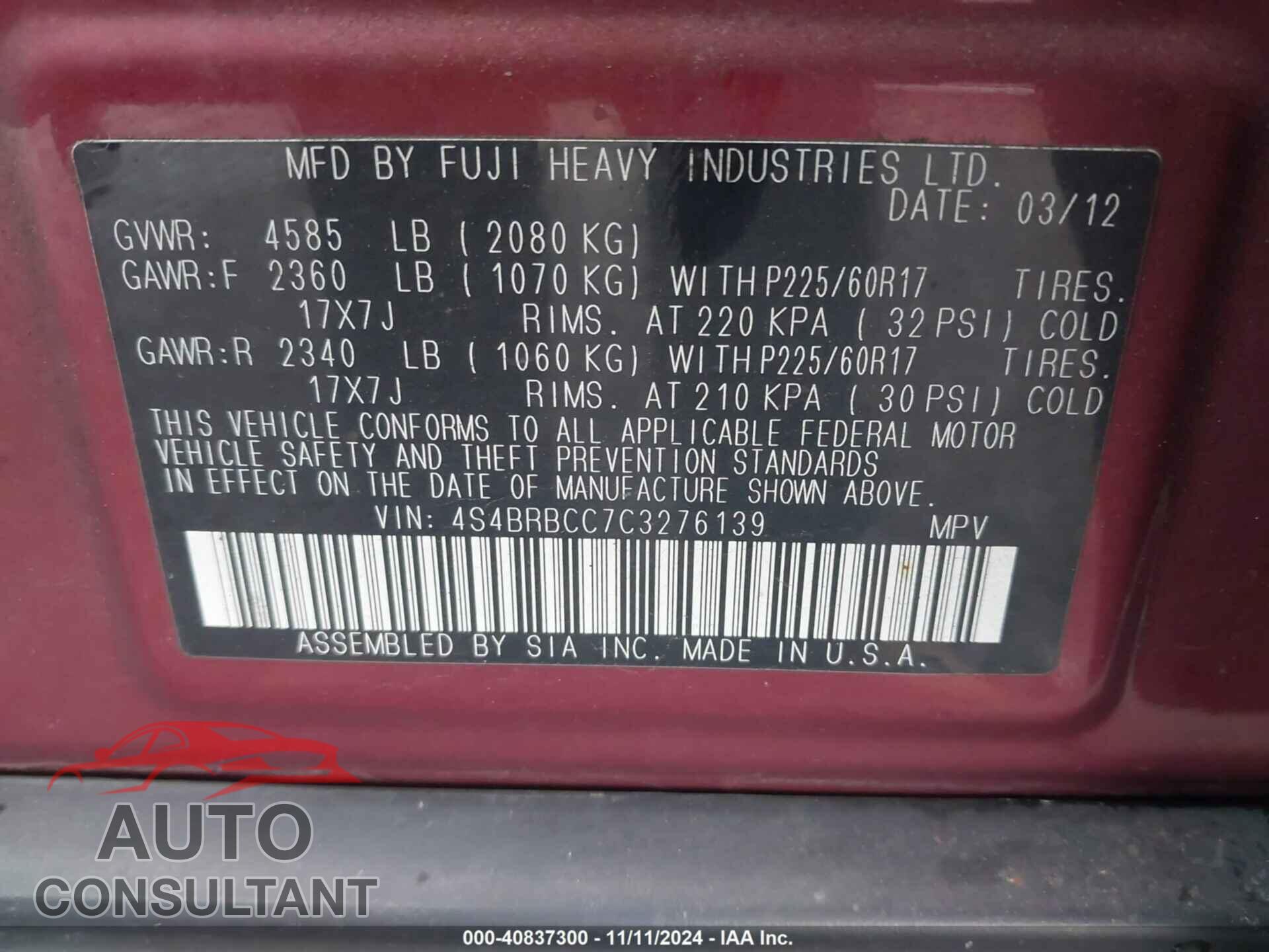SUBARU OUTBACK 2012 - 4S4BRBCC7C3276139