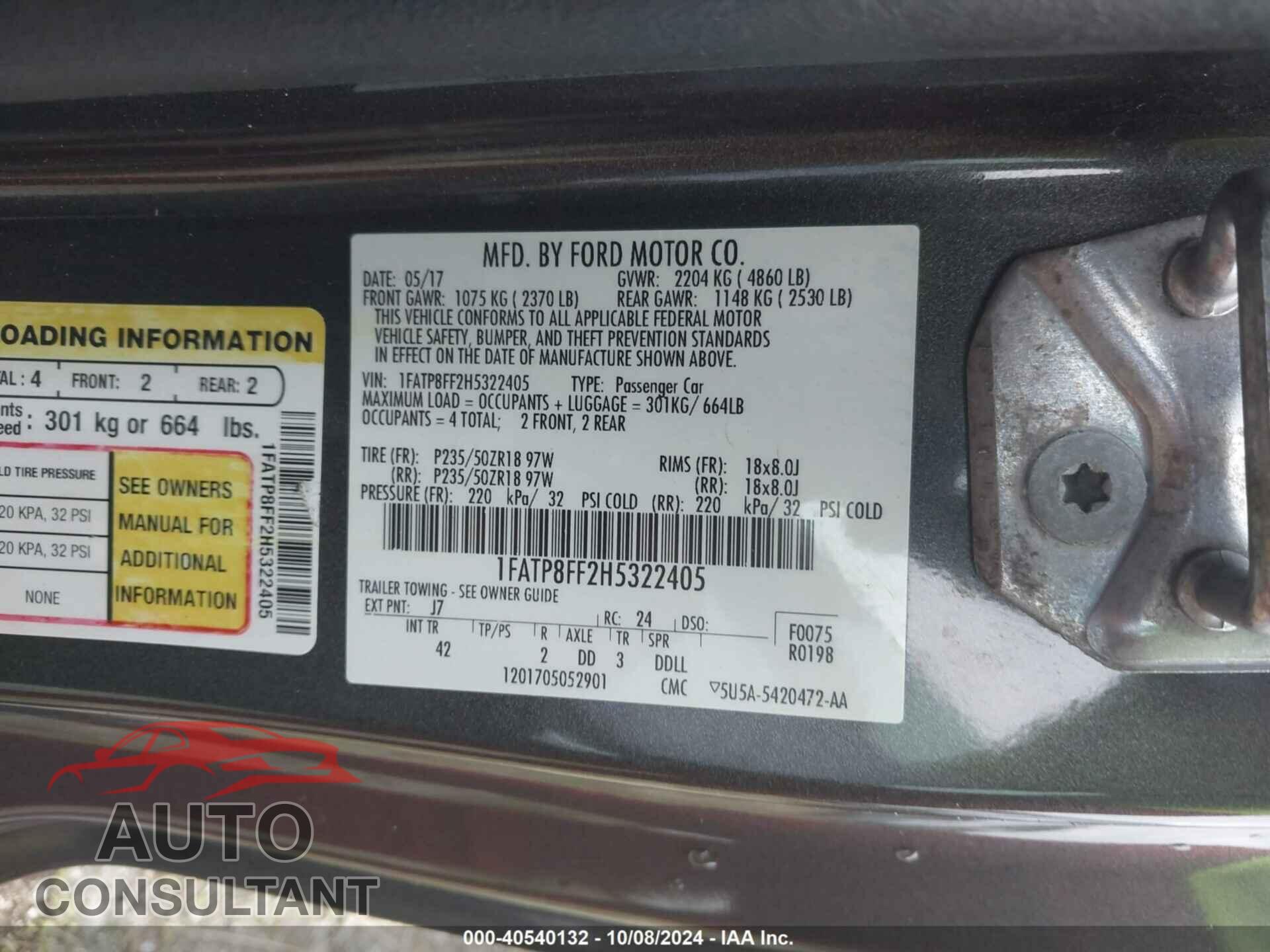 FORD MUSTANG 2017 - 1FATP8FF2H5322405