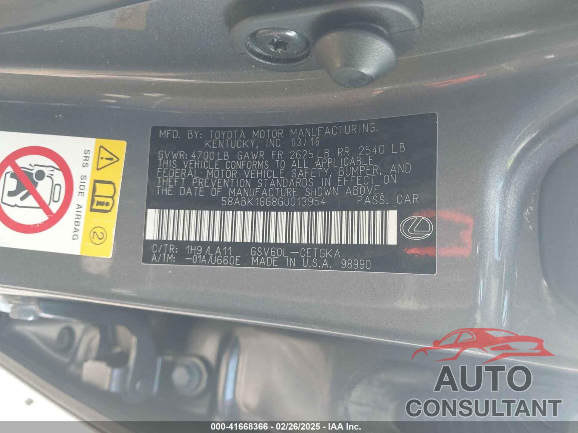 LEXUS ES 2016 - 58ABK1GG8GU013954
