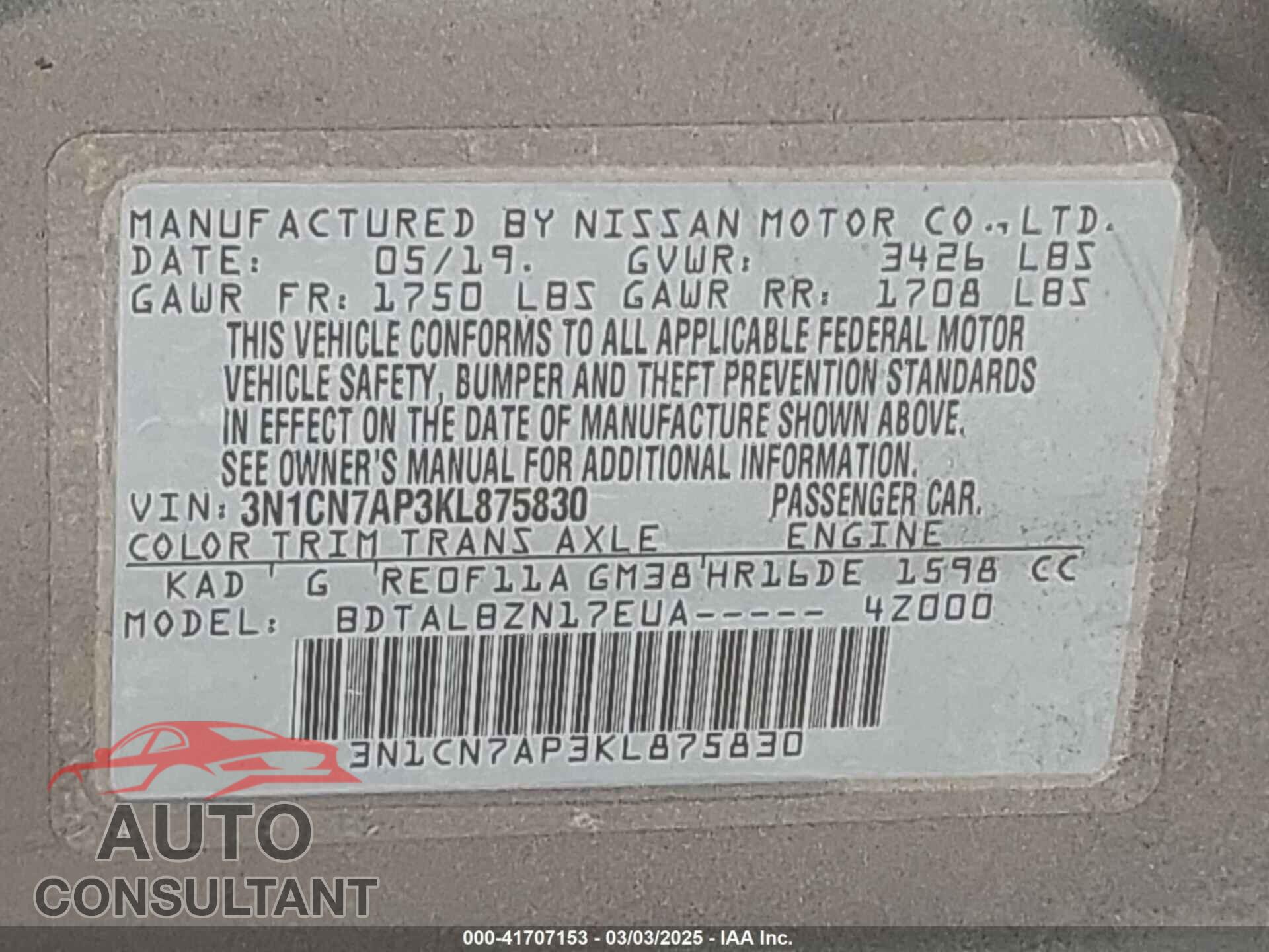 NISSAN VERSA 2019 - 3N1CN7AP3KL875830
