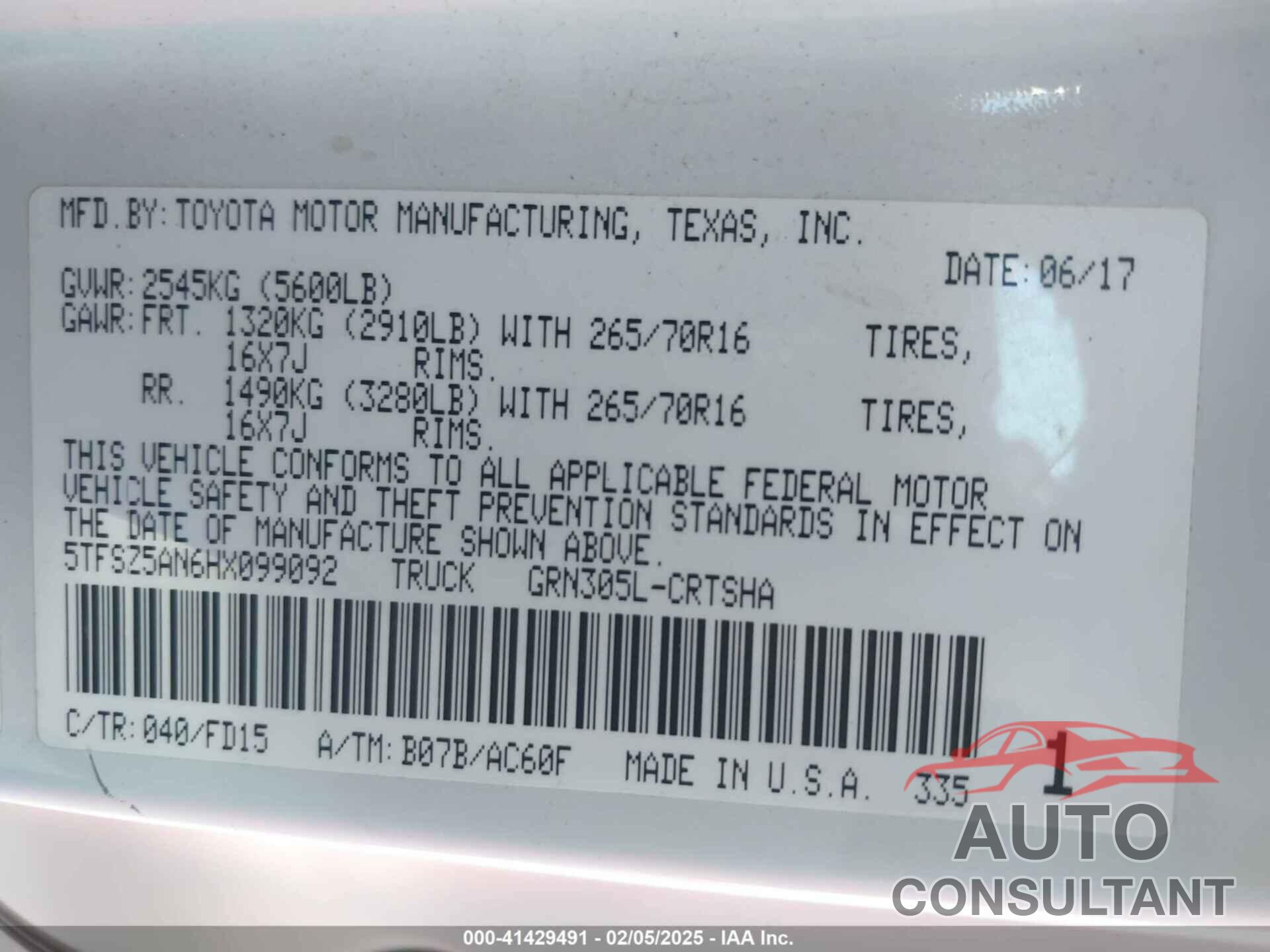 TOYOTA TACOMA 2017 - 5TFSZ5AN6HX099092
