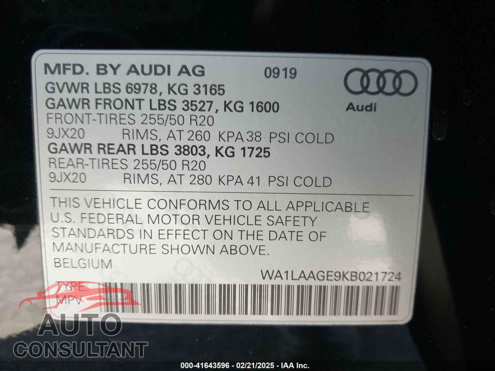 AUDI E-TRON 2019 - WA1LAAGE9KB021724