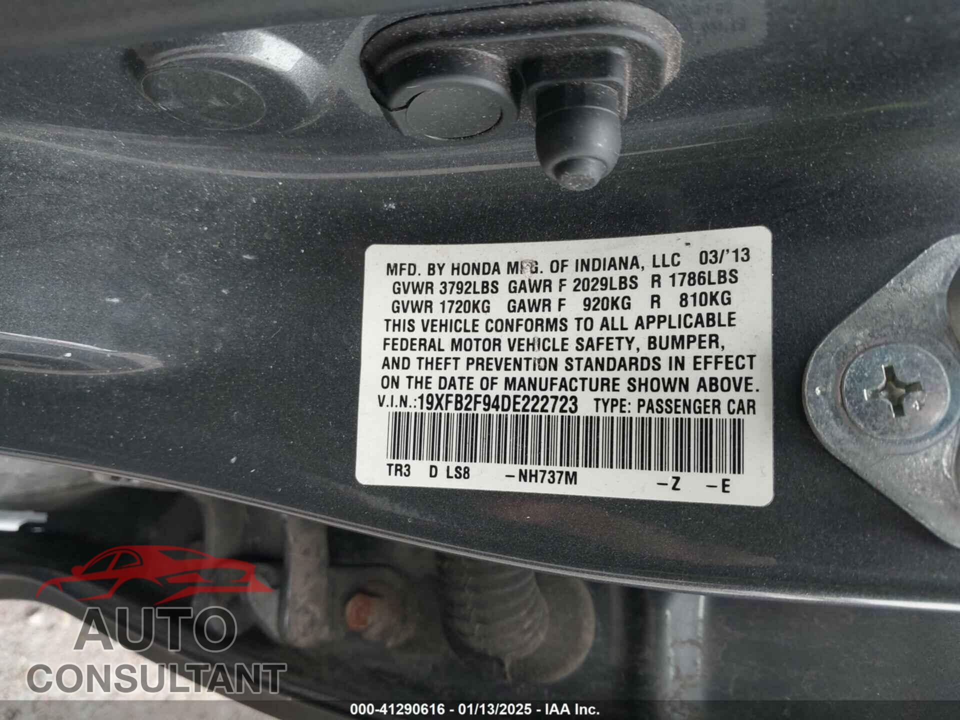 HONDA CIVIC 2013 - 19XFB2F94DE222723