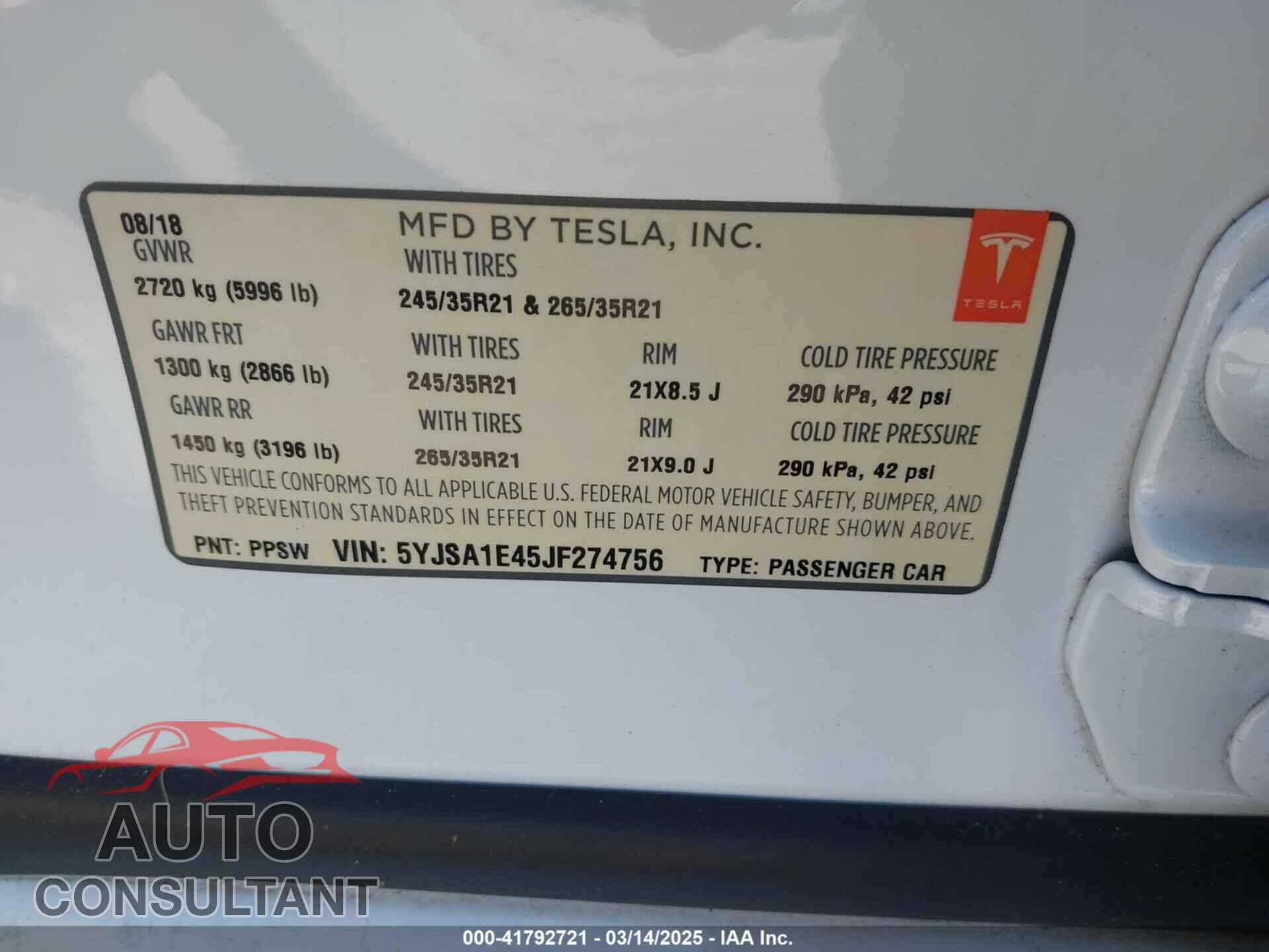 TESLA MODEL S 2018 - 5YJSA1E45JF274756