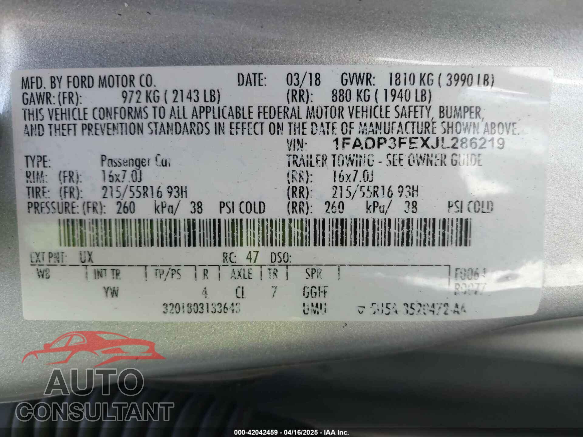 FORD FOCUS 2018 - 1FADP3FEXJL286219