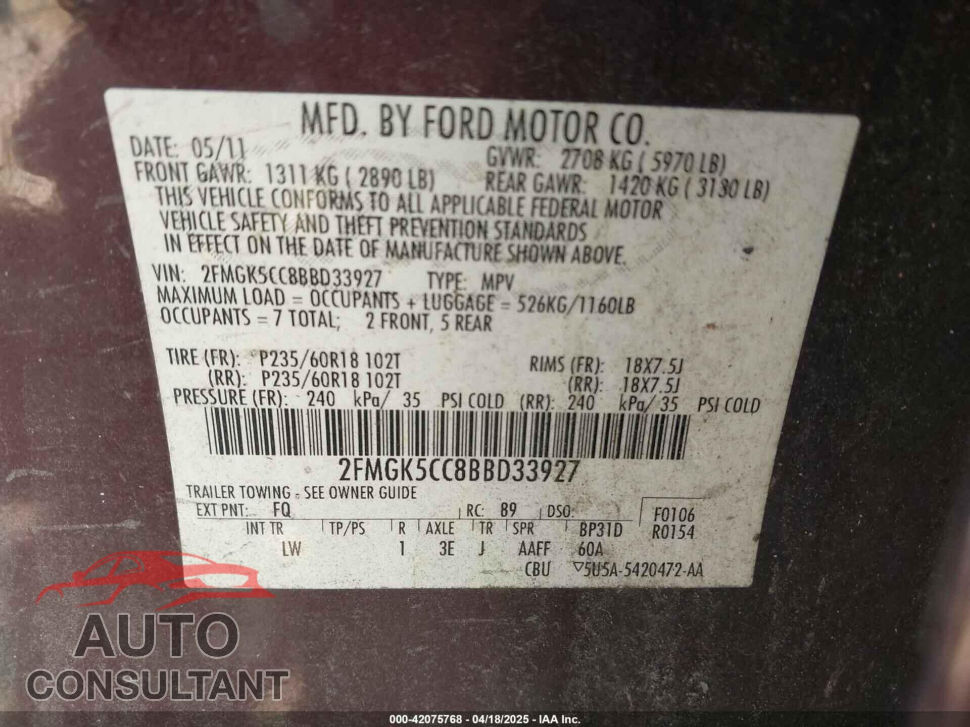 FORD FLEX 2011 - 2FMGK5CC8BBD33927