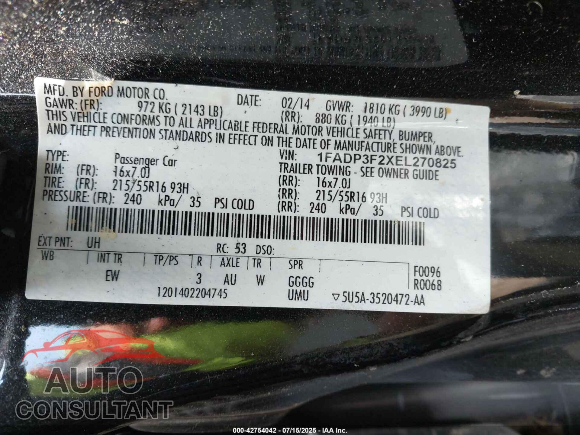 FORD FOCUS 2014 - 1FADP3F2XEL270825