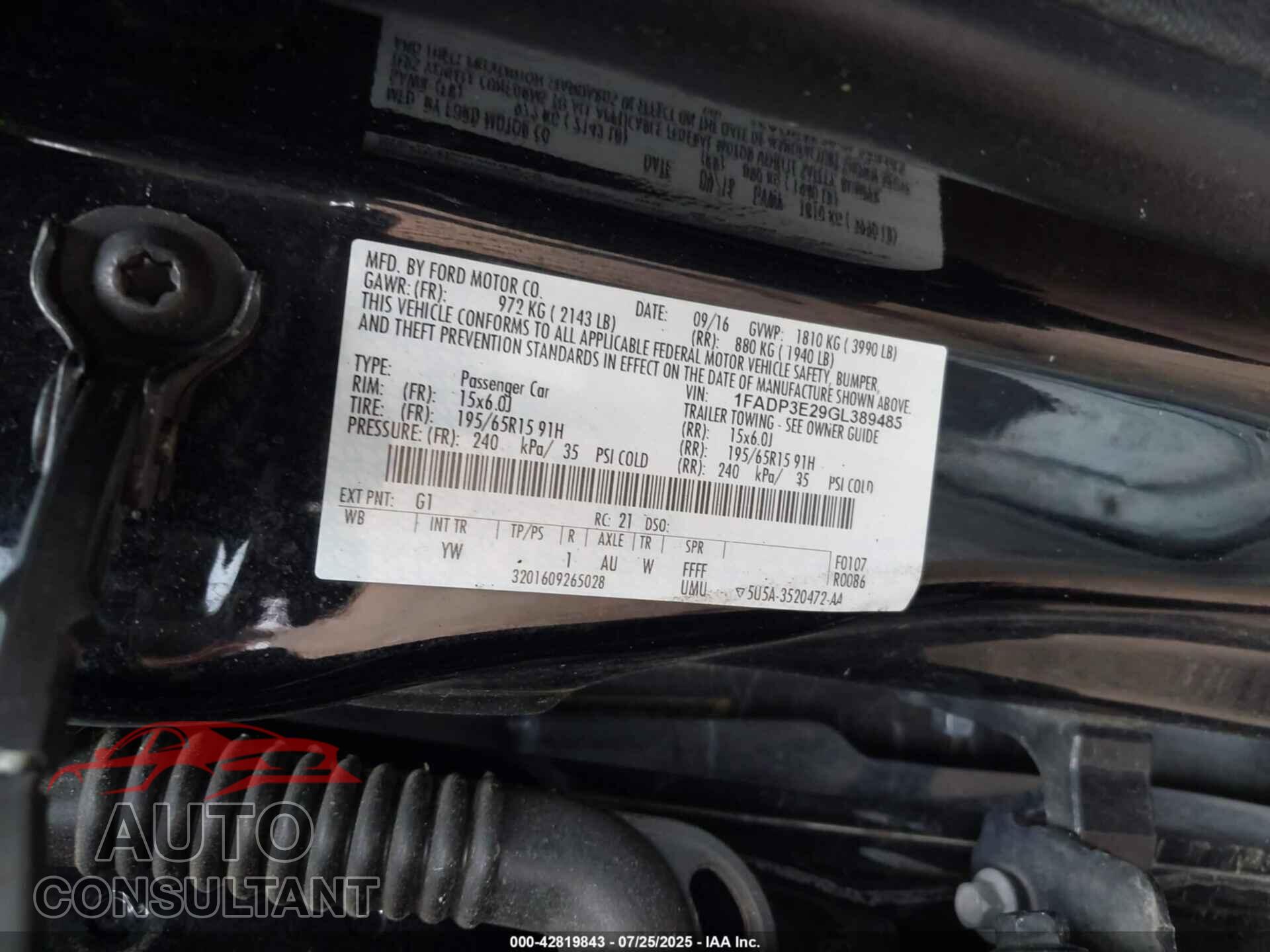 FORD FOCUS 2016 - 1FADP3E29GL389485
