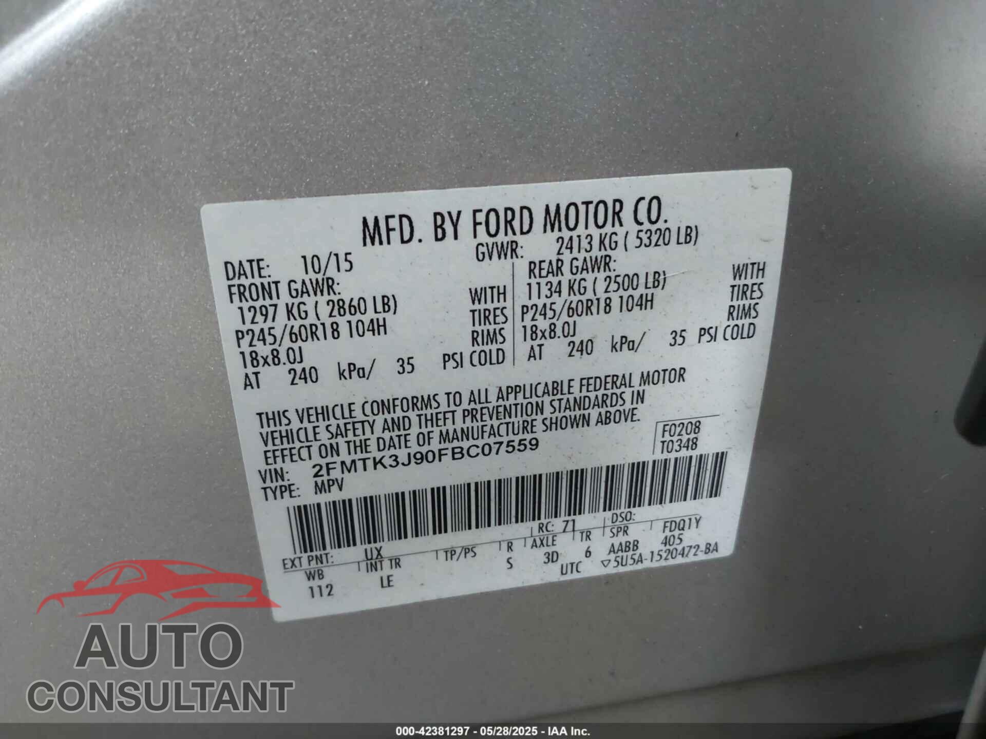 FORD EDGE 2015 - 2FMTK3J90FBC07559