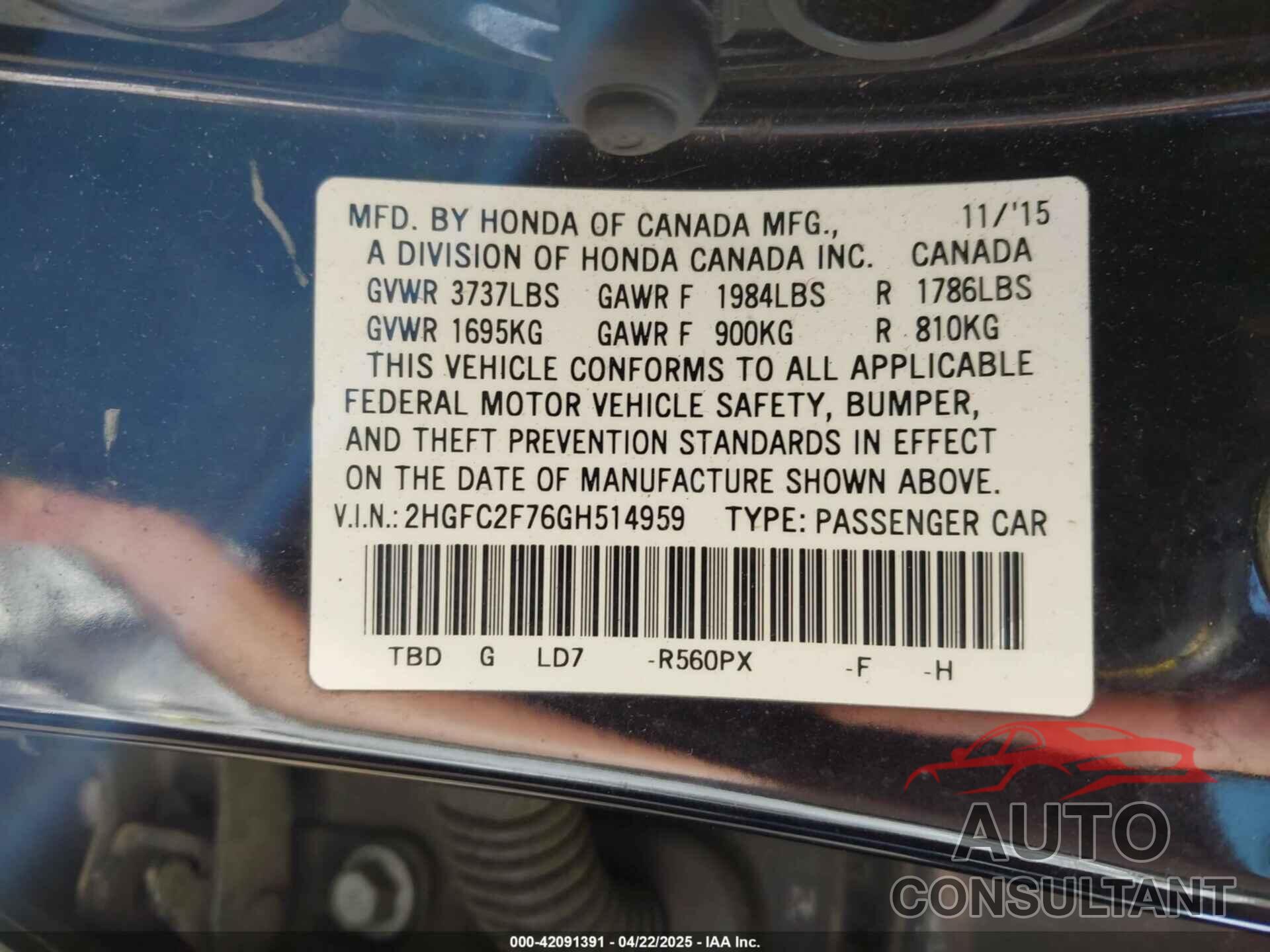 HONDA CIVIC 2016 - 2HGFC2F76GH514959