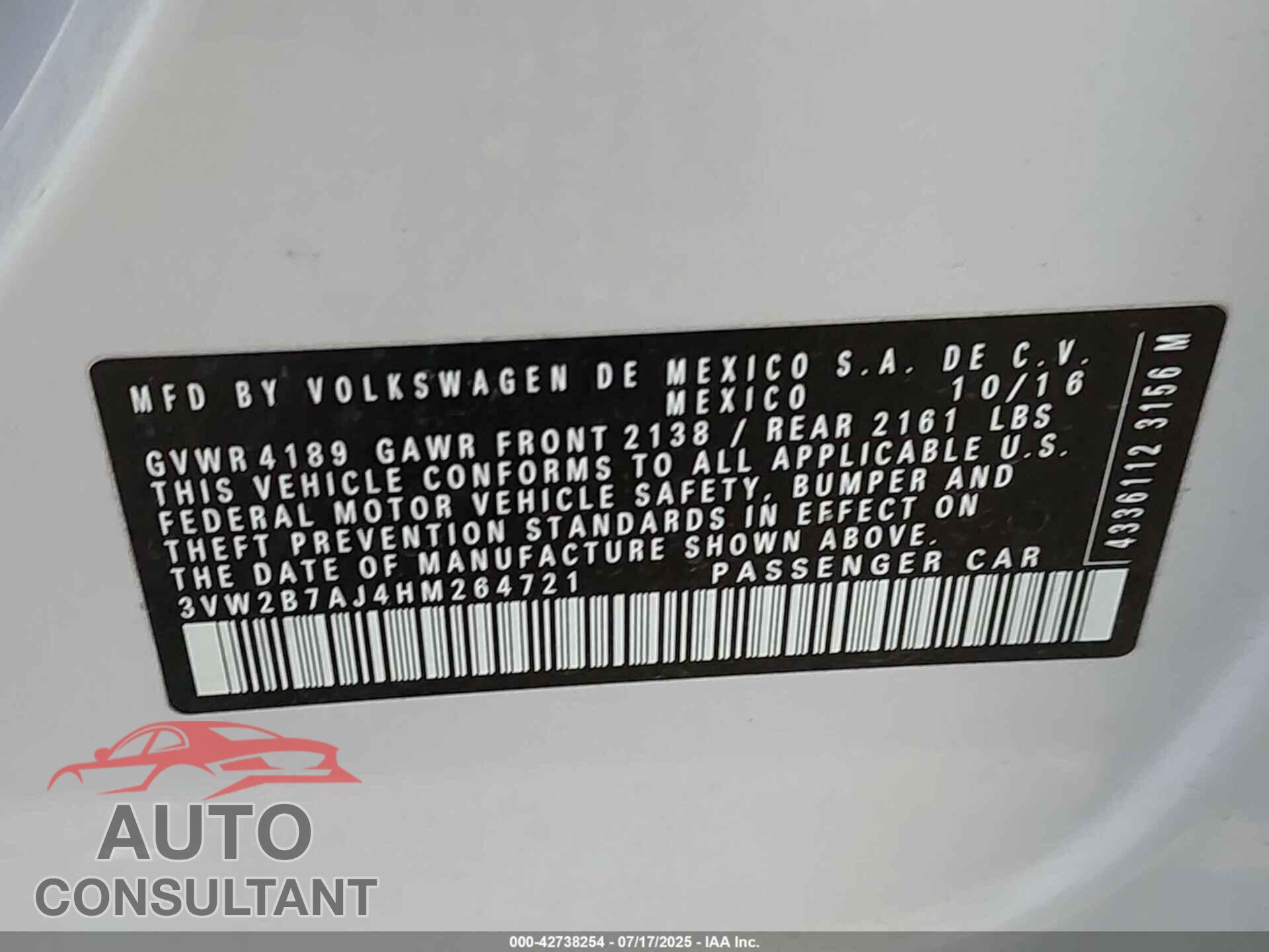 VOLKSWAGEN JETTA 2017 - 3VW2B7AJ4HM264721