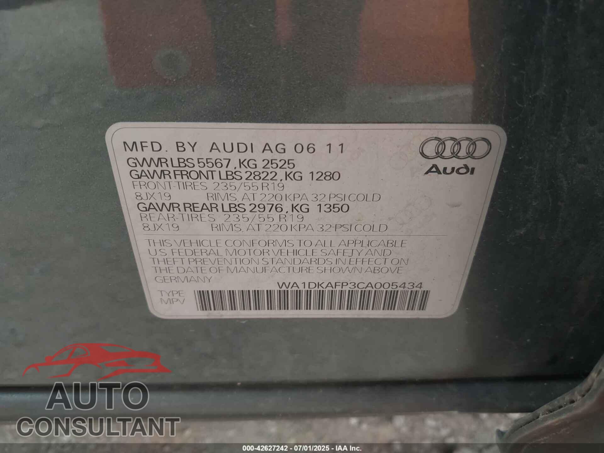 AUDI Q5 2012 - WA1DKAFP3CA005434