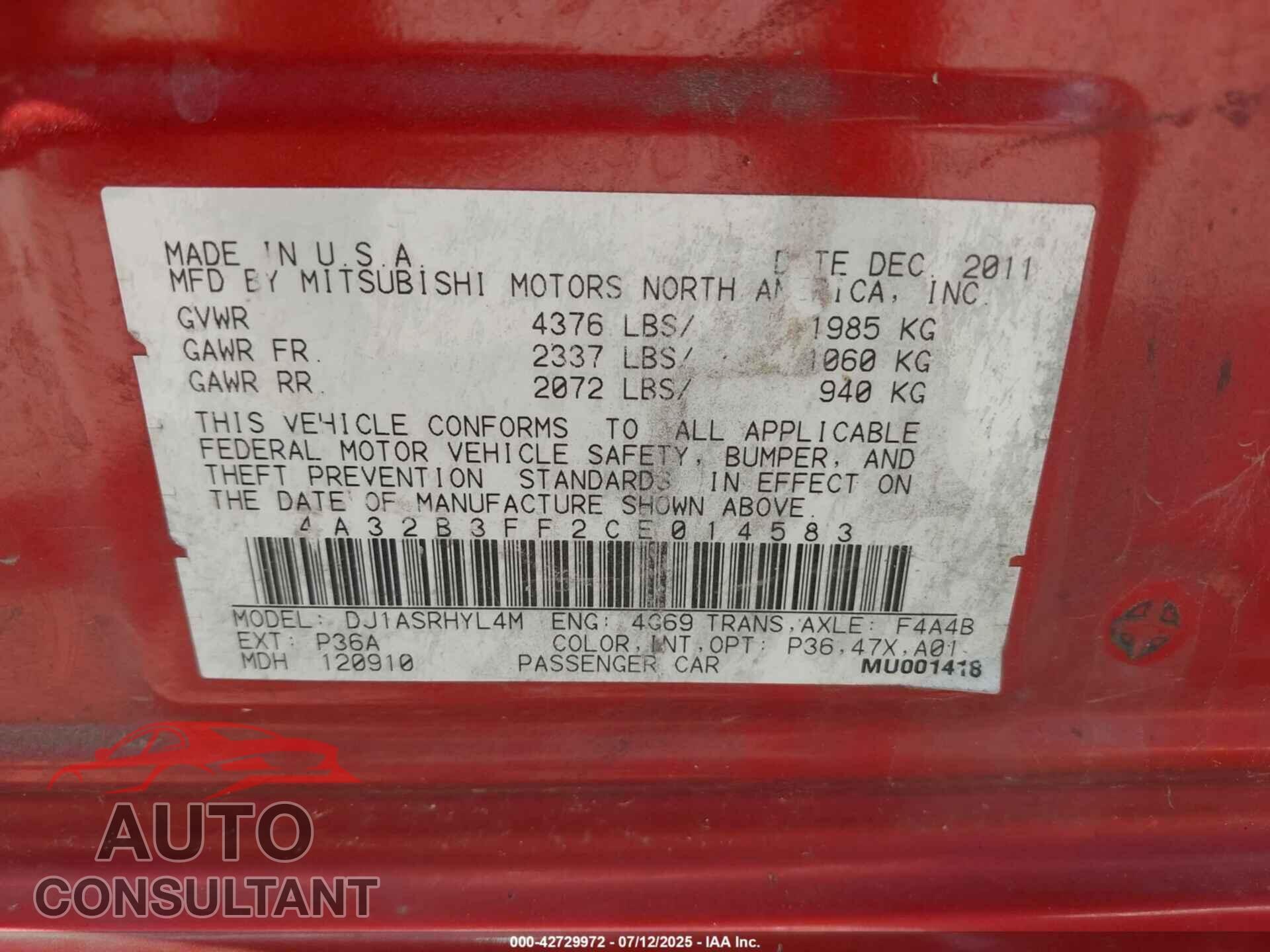 MITSUBISHI GALANT 2012 - 4A32B3FF2CE014583