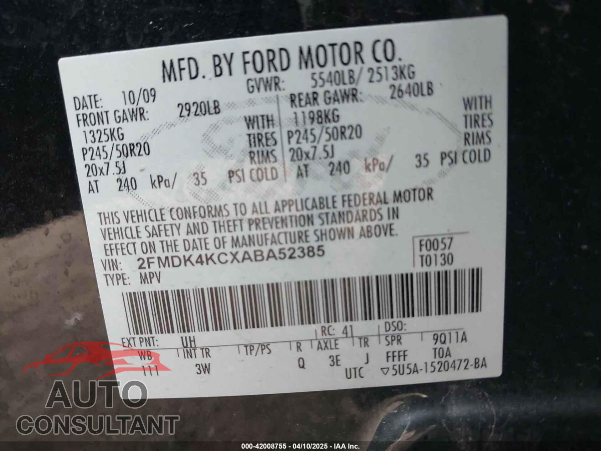 FORD EDGE 2010 - 2FMDK4KCXABA52385