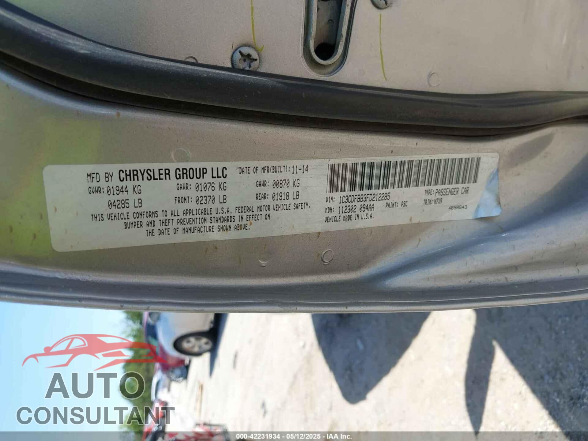 DODGE DART 2015 - 1C3CDFBB3FD212285