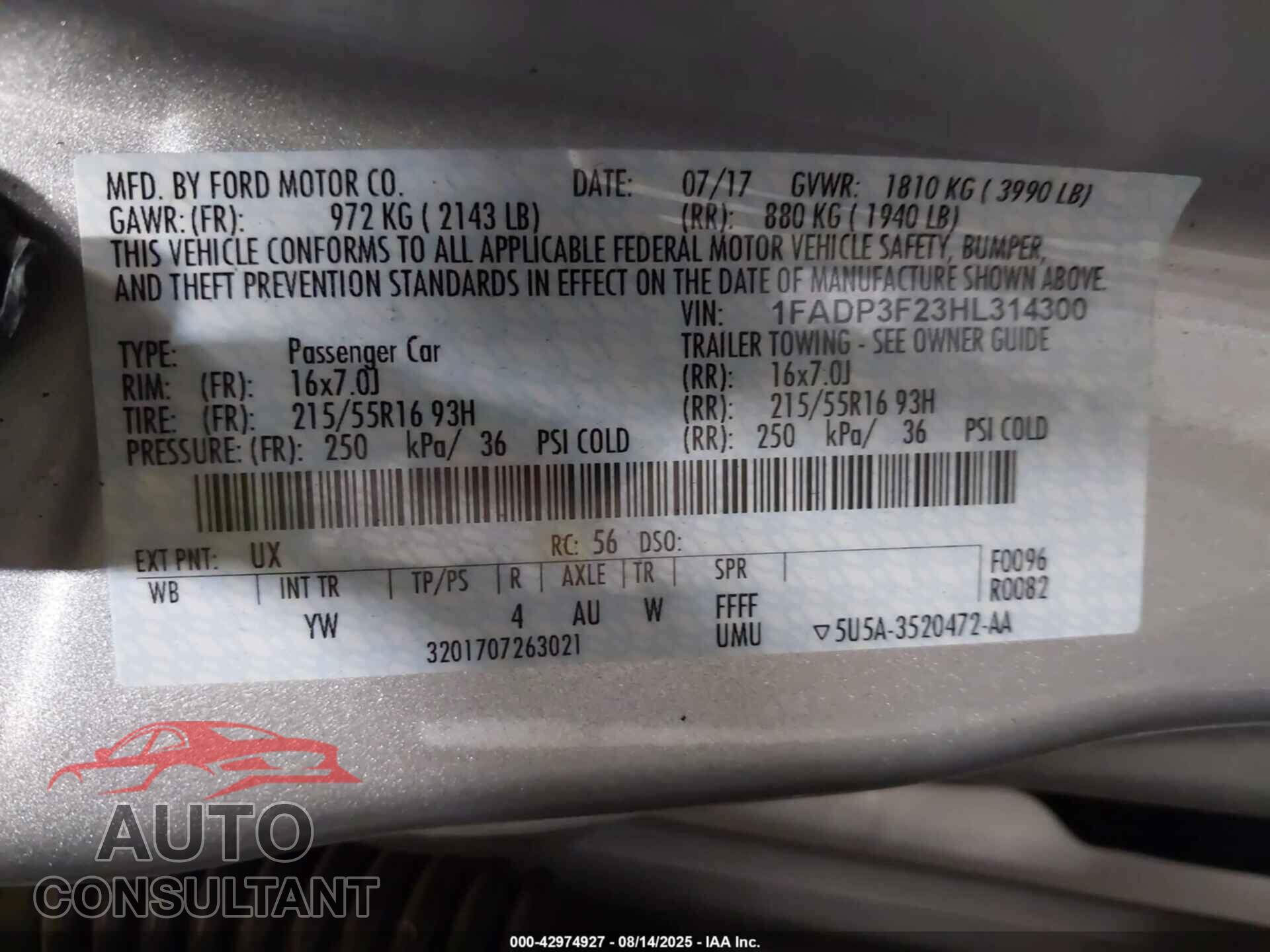 FORD FOCUS 2017 - 1FADP3F23HL314300
