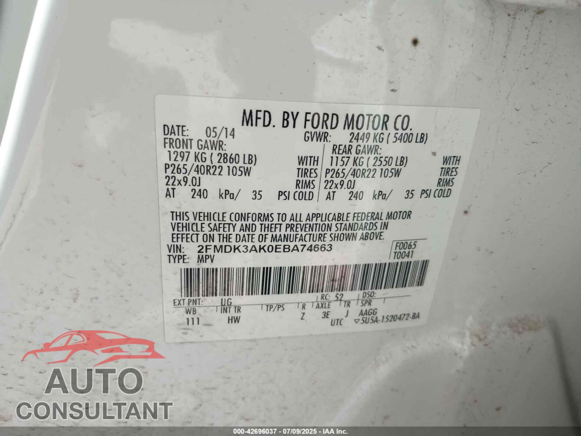 FORD EDGE 2014 - 2FMDK3AK0EBA74663