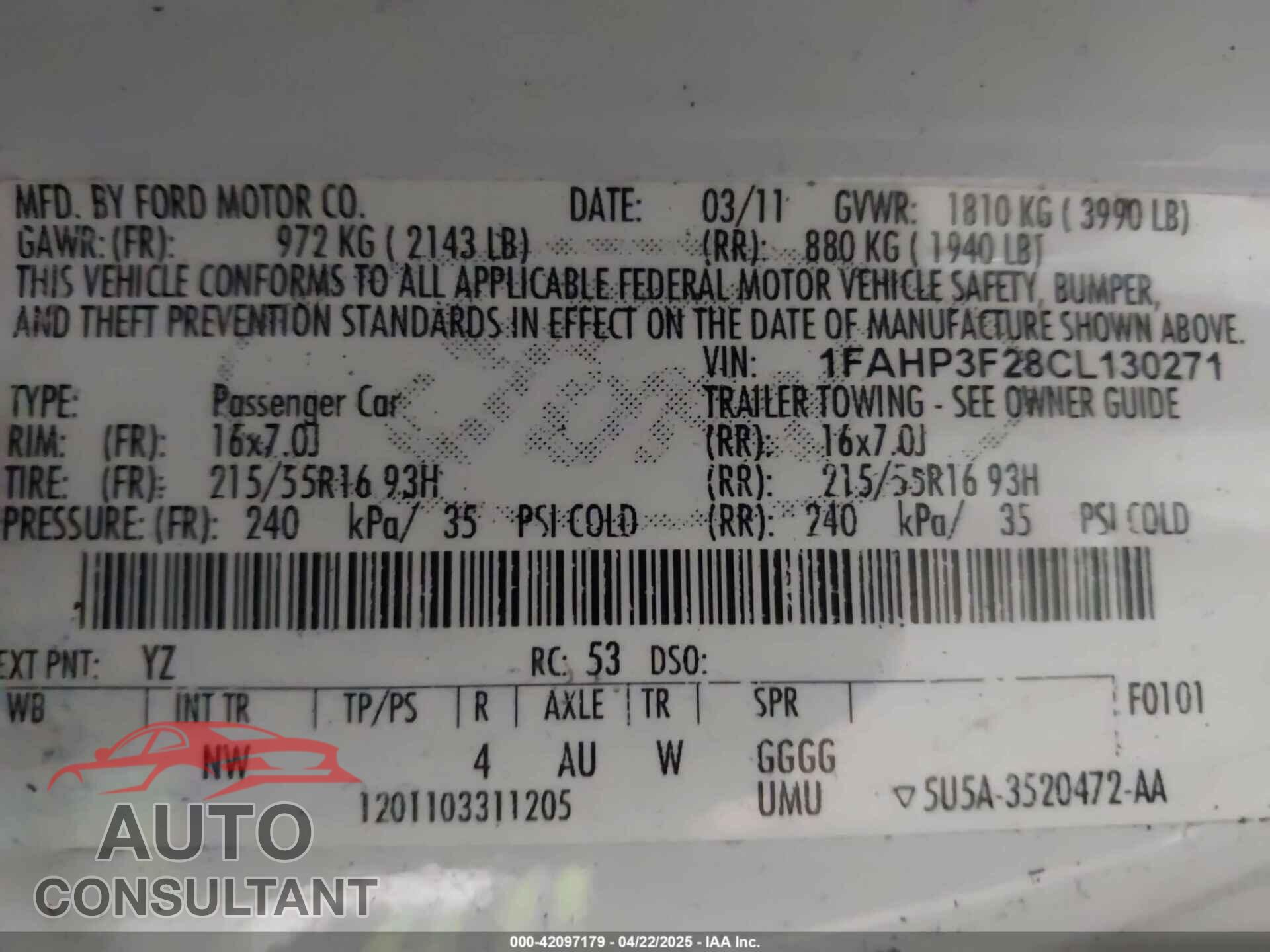 FORD FOCUS 2012 - 1FAHP3F28CL130271