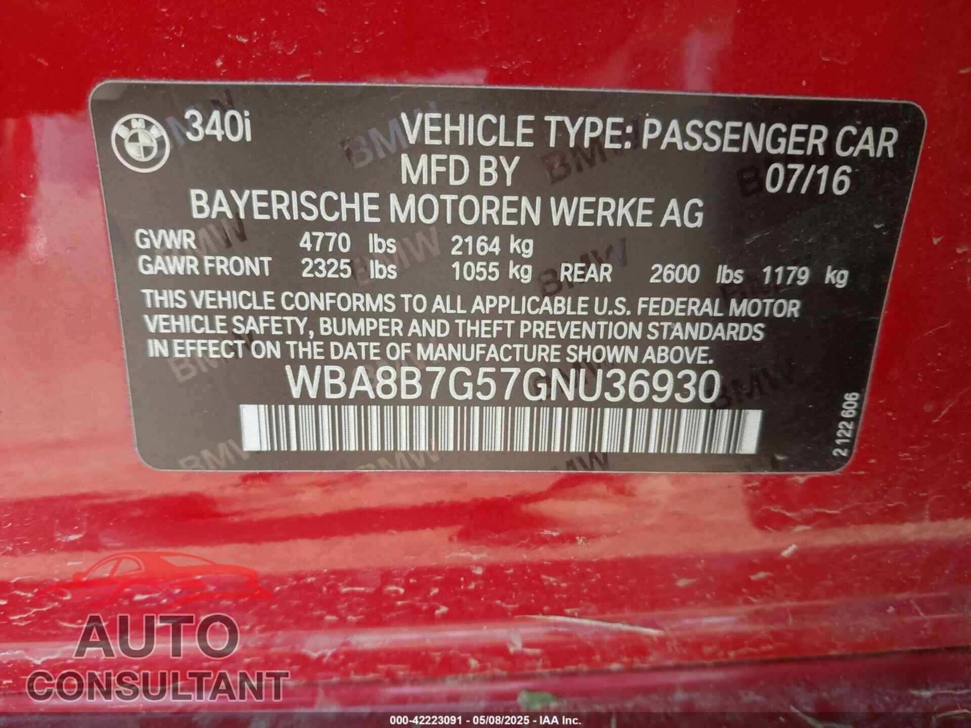BMW 340I 2016 - WBA8B7G57GNU36930