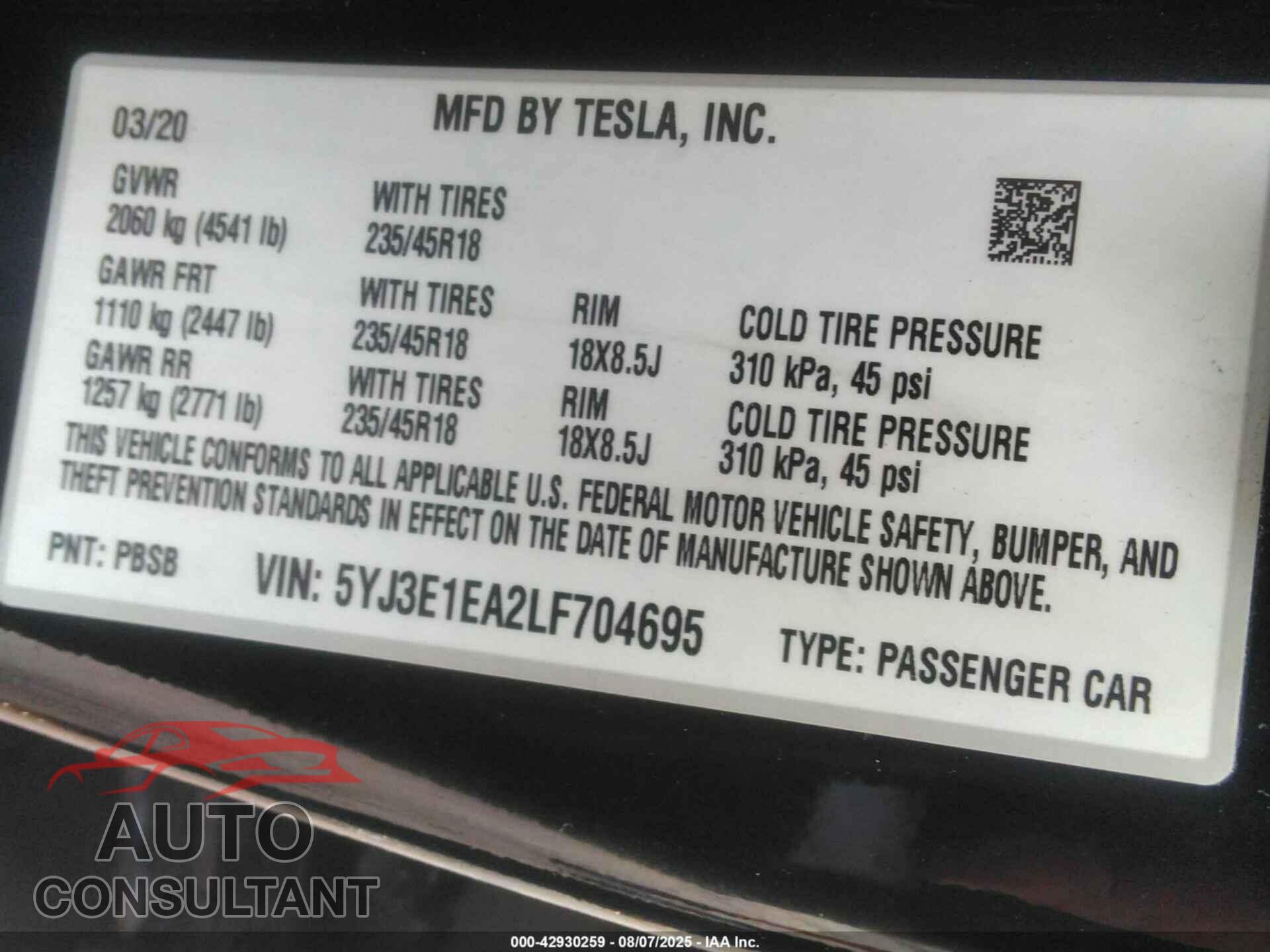 TESLA MODEL 3 2020 - 5YJ3E1EA2LF704695