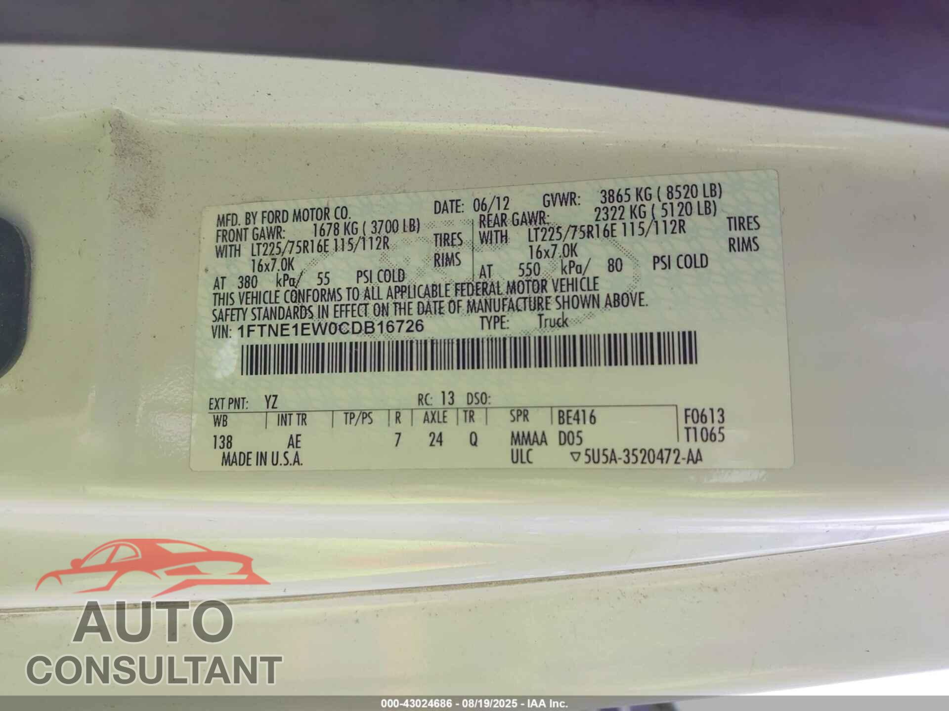 FORD E-150 2012 - 1FTNE1EW0CDB16726