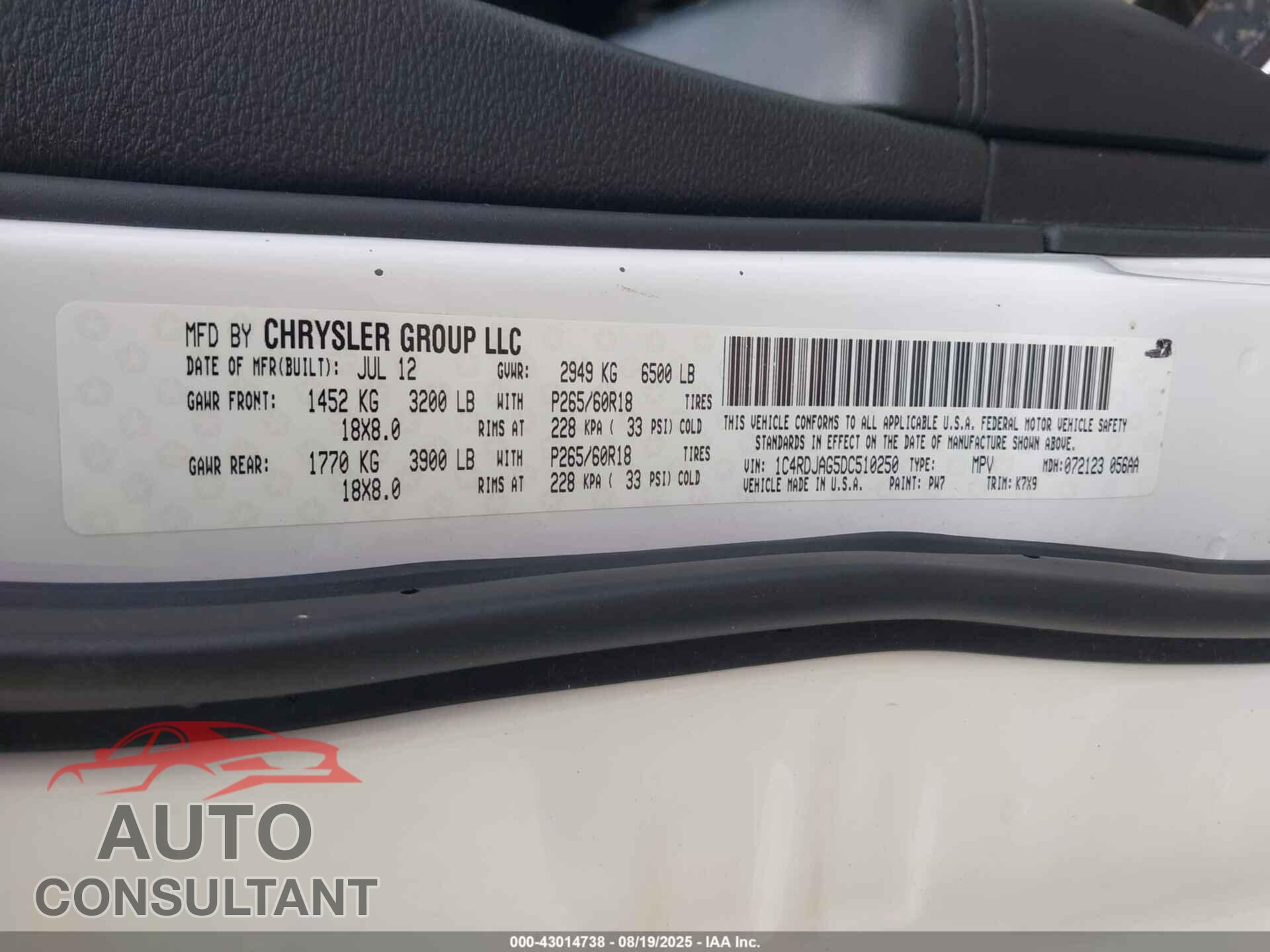 DODGE DURANGO 2013 - 1C4RDJAG5DC510250
