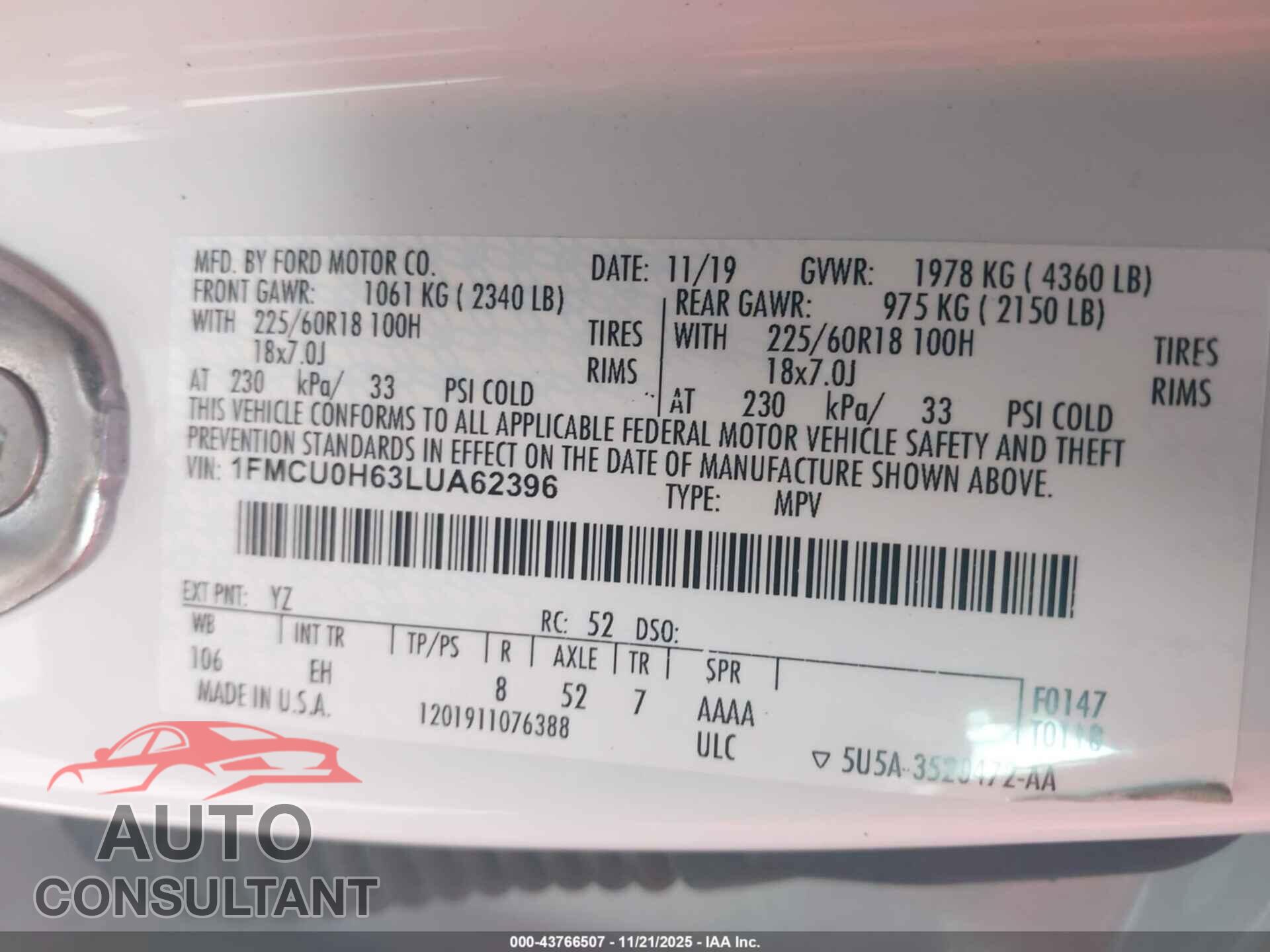 FORD ESCAPE 2020 - 1FMCU0H63LUA62396