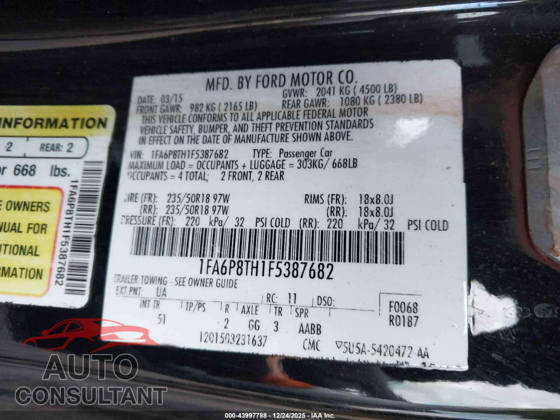 FORD MUSTANG 2015 - 1FA6P8TH1F5387682