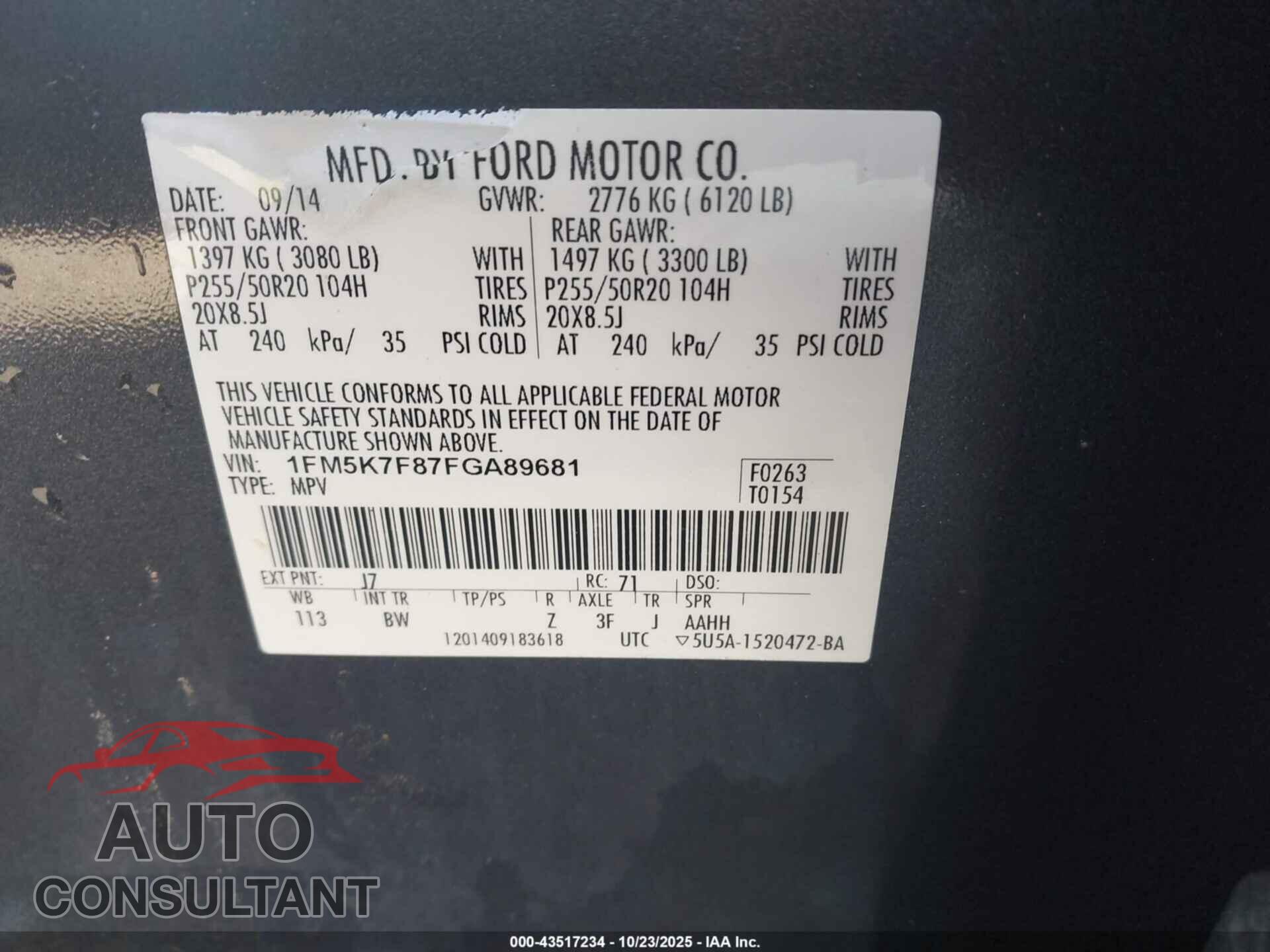 FORD EXPLORER 2015 - 1FM5K7F87FGA89681