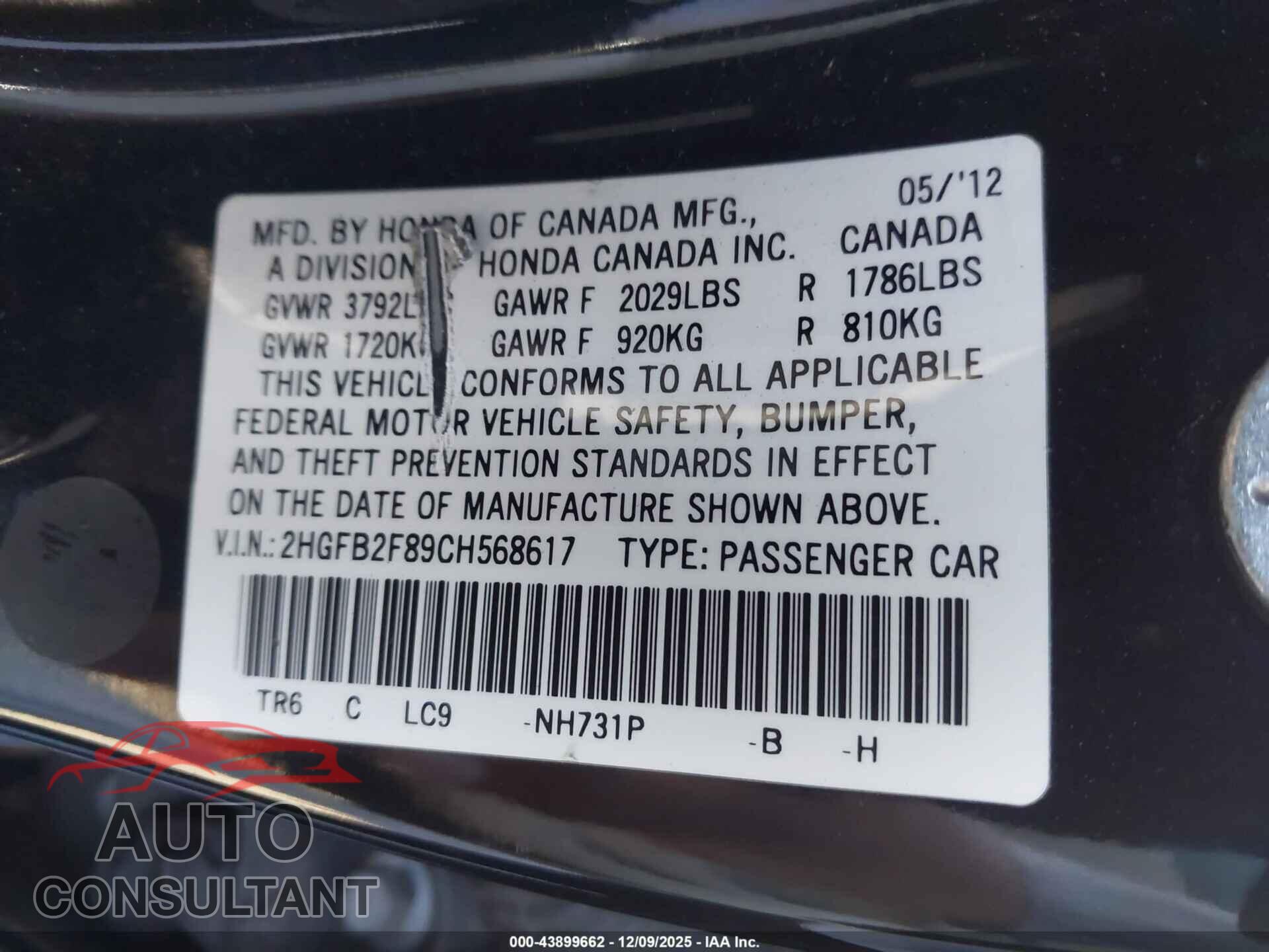HONDA CIVIC 2012 - 2HGFB2F89CH568617