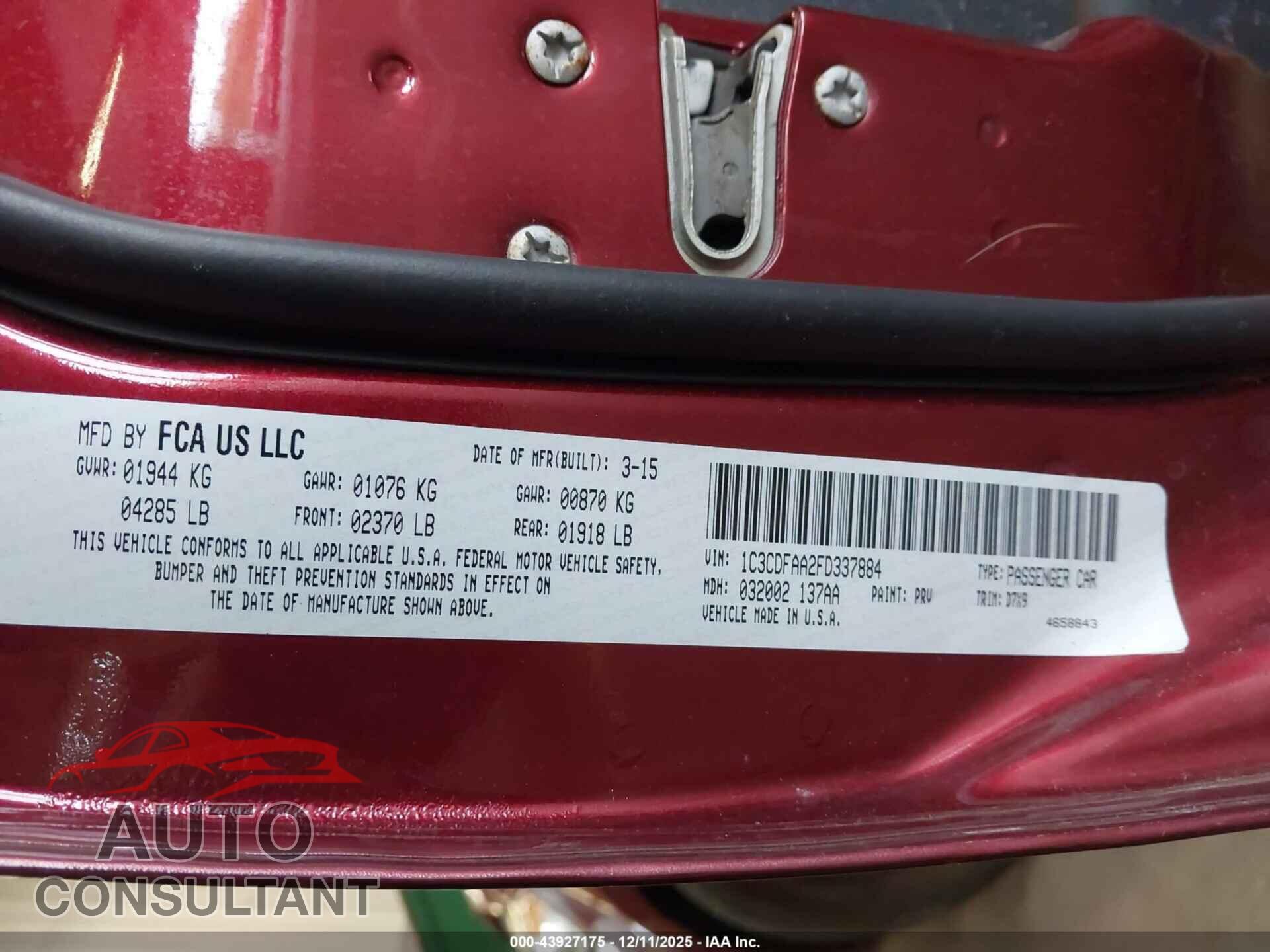 DODGE DART 2015 - 1C3CDFAA2FD337884