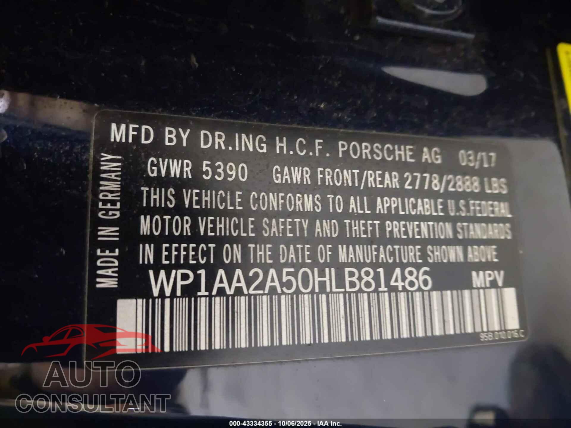 PORSCHE MACAN 2017 - WP1AA2A50HLB81486