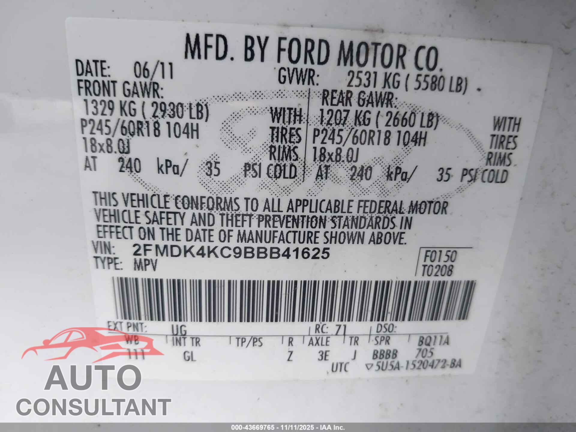 FORD EDGE 2011 - 2FMDK4KC9BBB41625