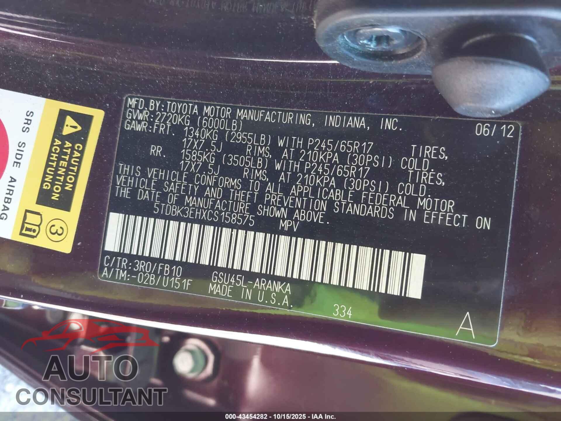 TOYOTA HIGHLANDER 2012 - 5TDBK3EHXCS158575