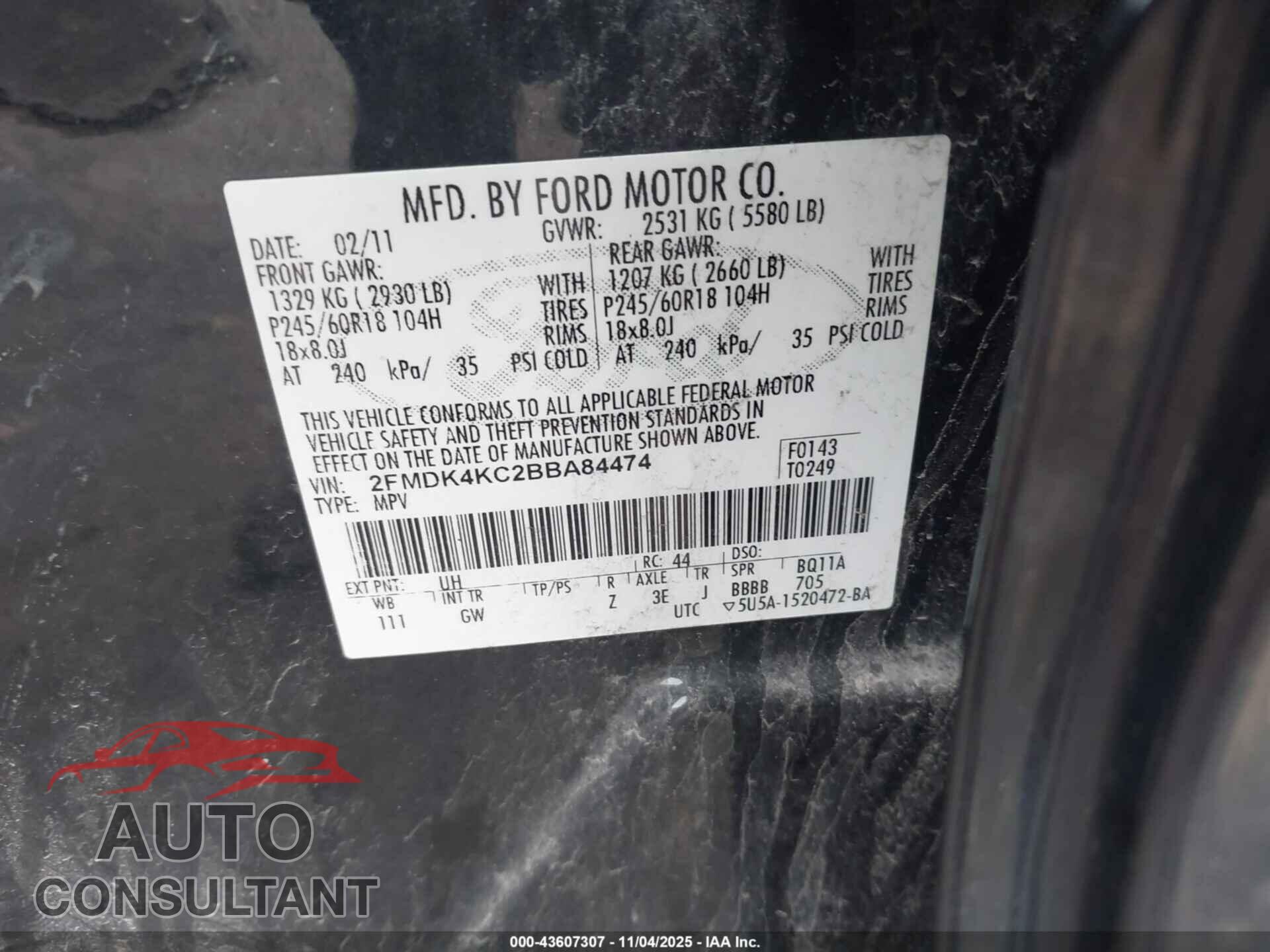 FORD EDGE 2011 - 2FMDK4KC2BBA84474