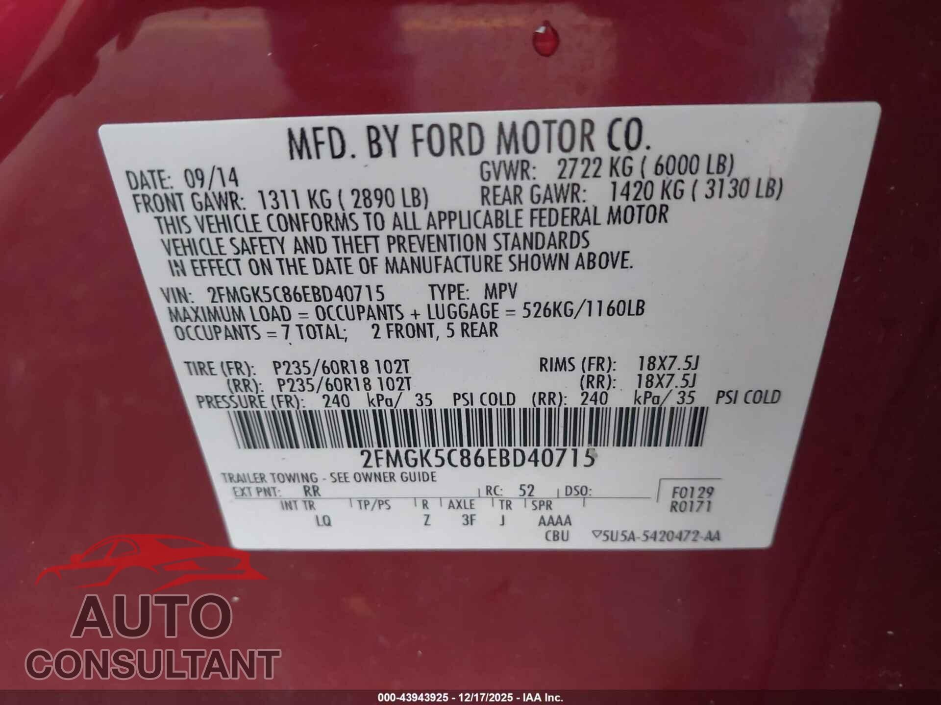 FORD FLEX 2014 - 2FMGK5C86EBD40715
